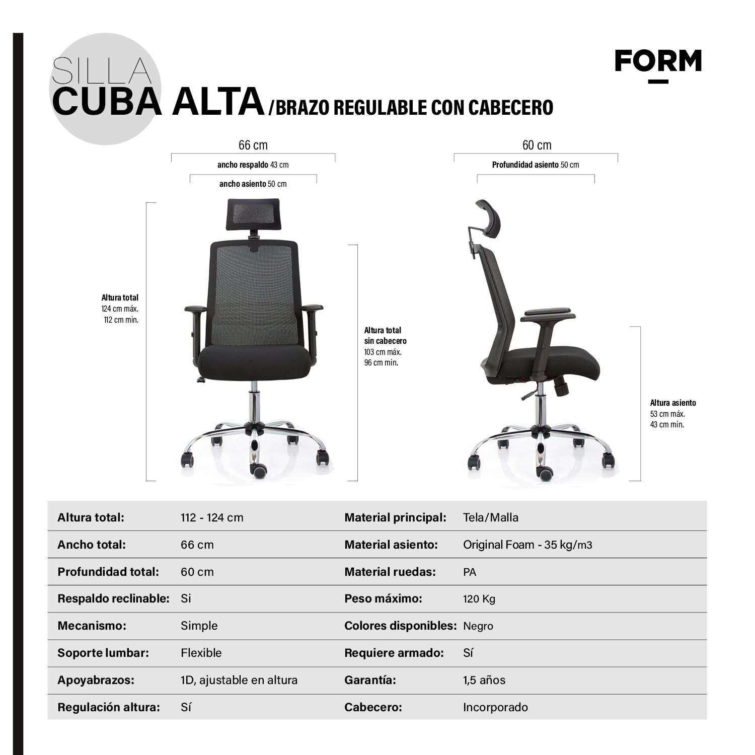 Silla de escritorio Cuba Alta brazo Reg y cabecero