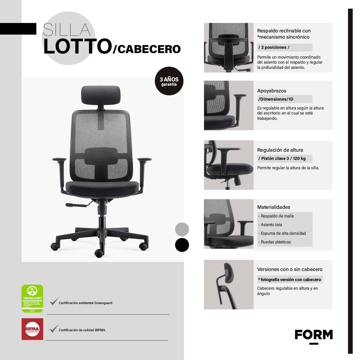 Silla Oficina Lotto con cabecero Negro