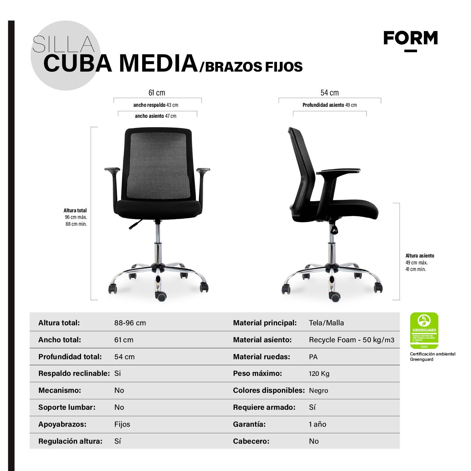 Silla de escritorio Cuba Media brazos fijos