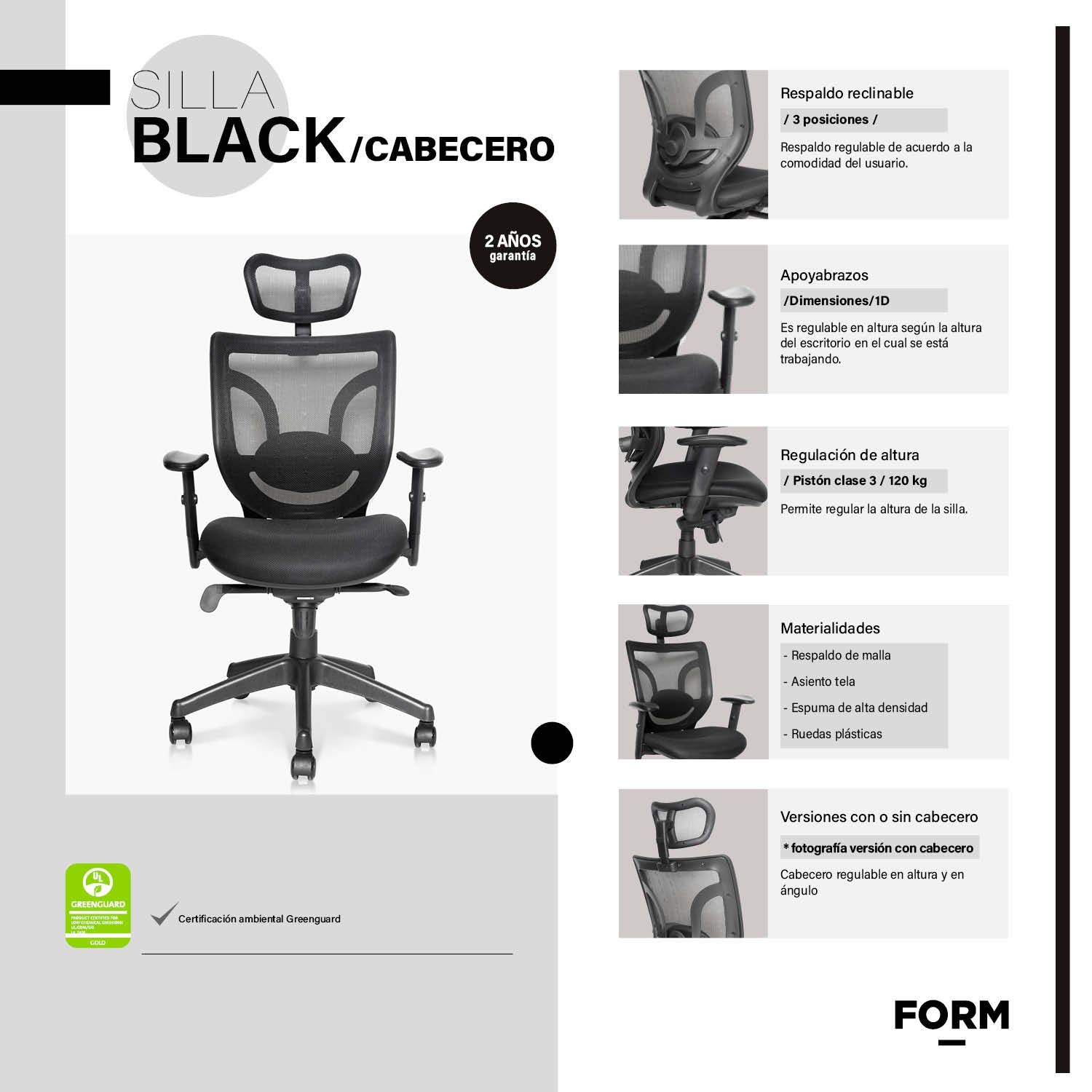 Silla Oficina Black Base Nylon c/cabecero Negro