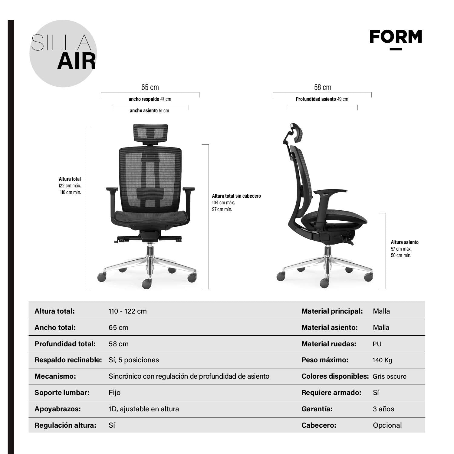 Silla Oficina Air con cabecero Gris Oscuro