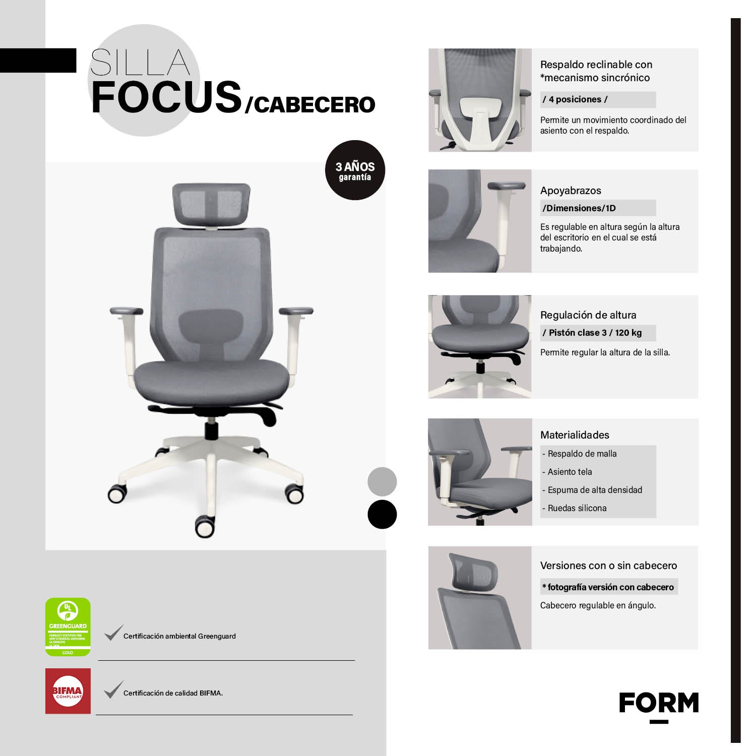 Silla Oficina Focus Gris Claro con cabecero