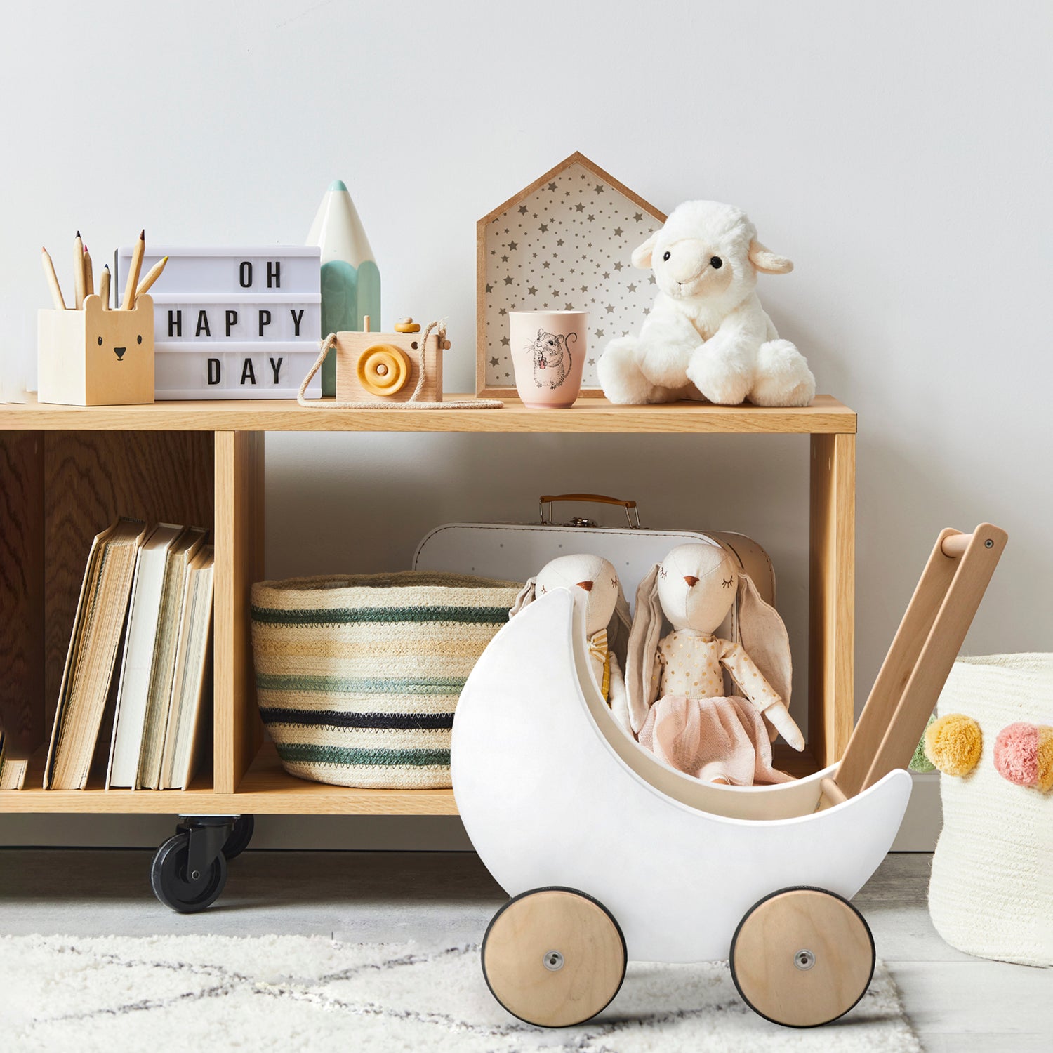 Coche para Muñecas Samanta Infantil de Madera Blanco