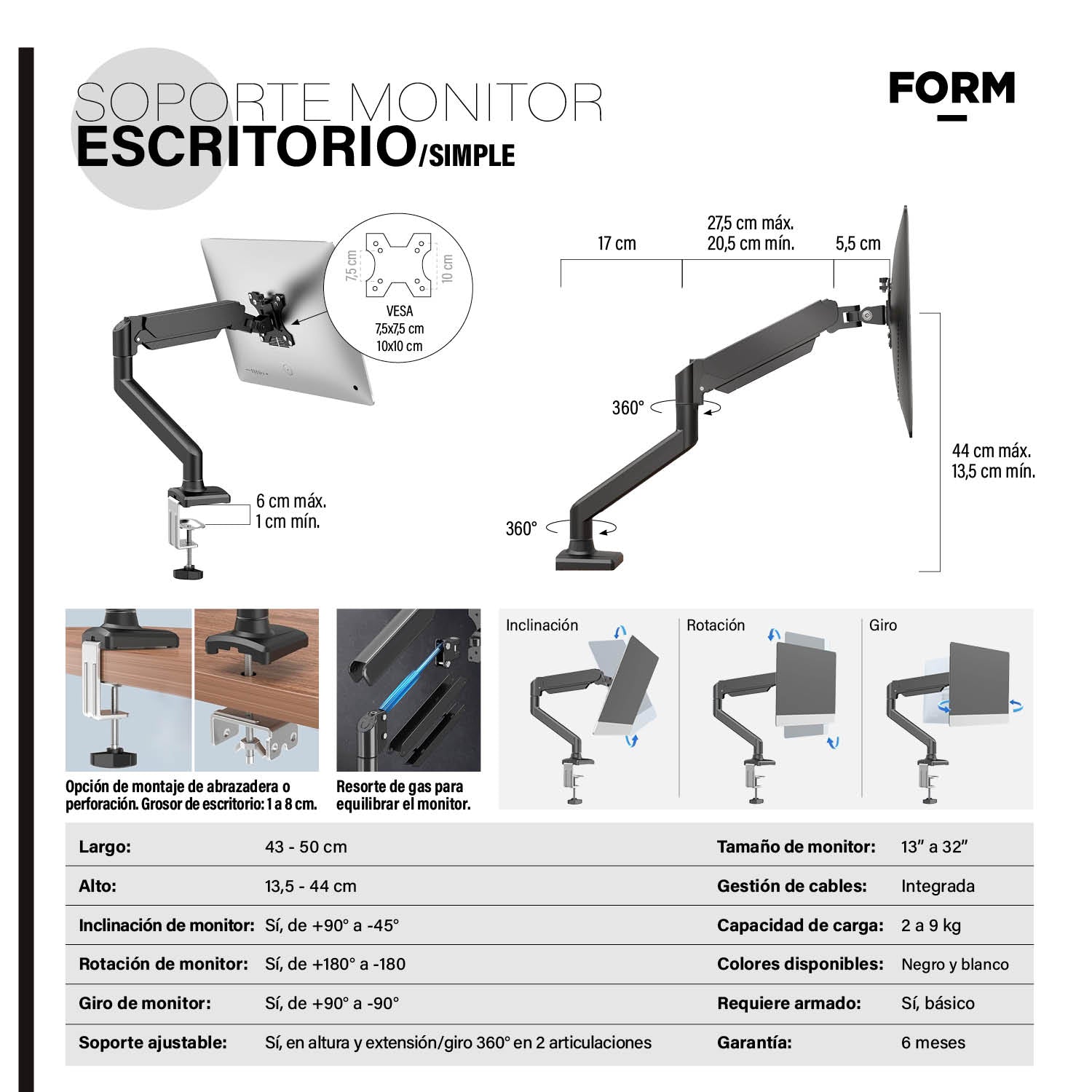 Soporte Monitor Escritorio Simple Negro