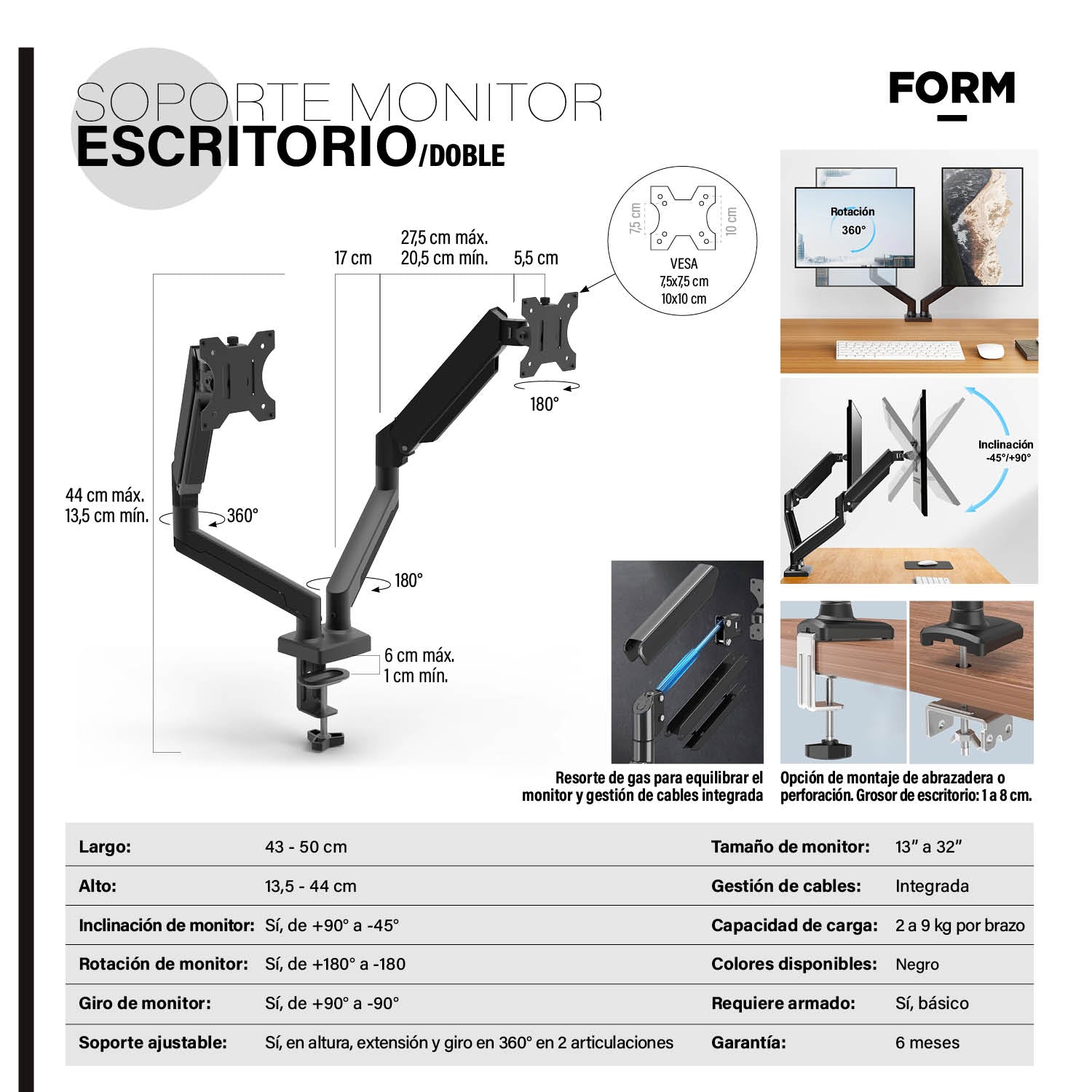 Soporte Monitor Escritorio Doble Negro