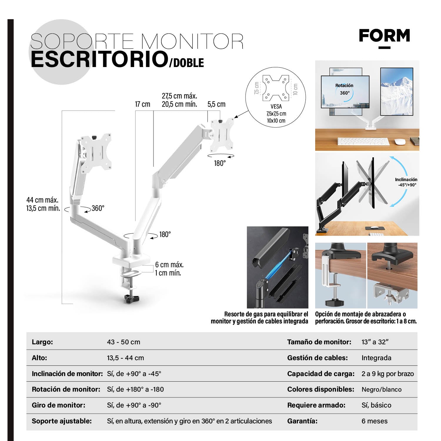 Soporte Monitor Escritorio Doble Blanco
