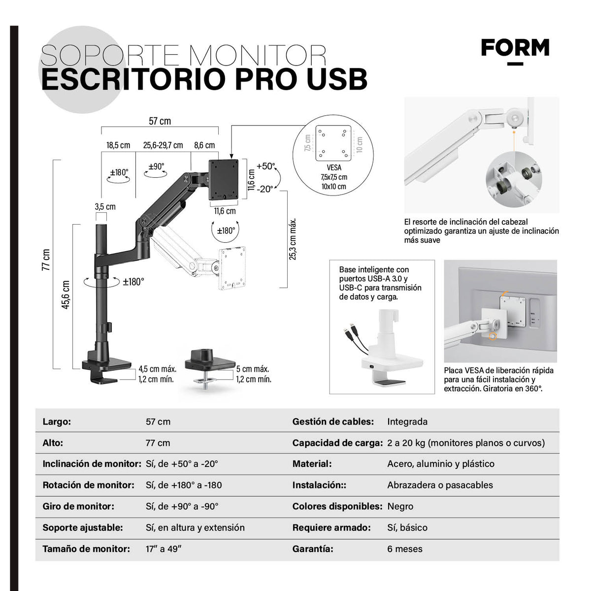 Soporte Monitor Escritorio Pro USB Negro