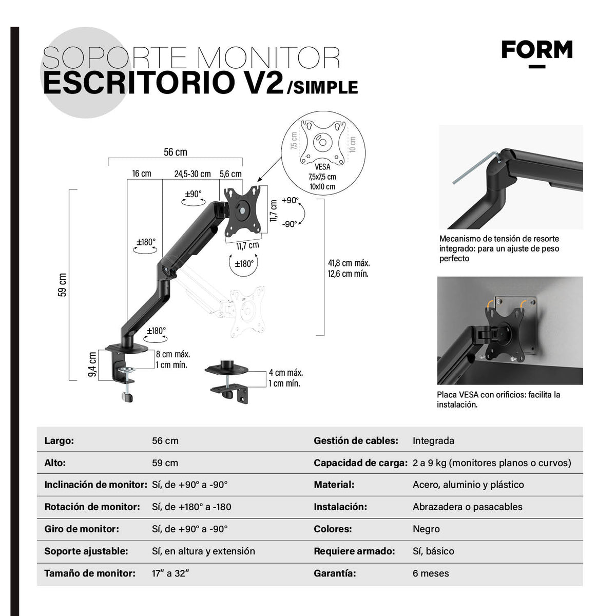 Soporte Monitor Escritorio Simple V2 Negro