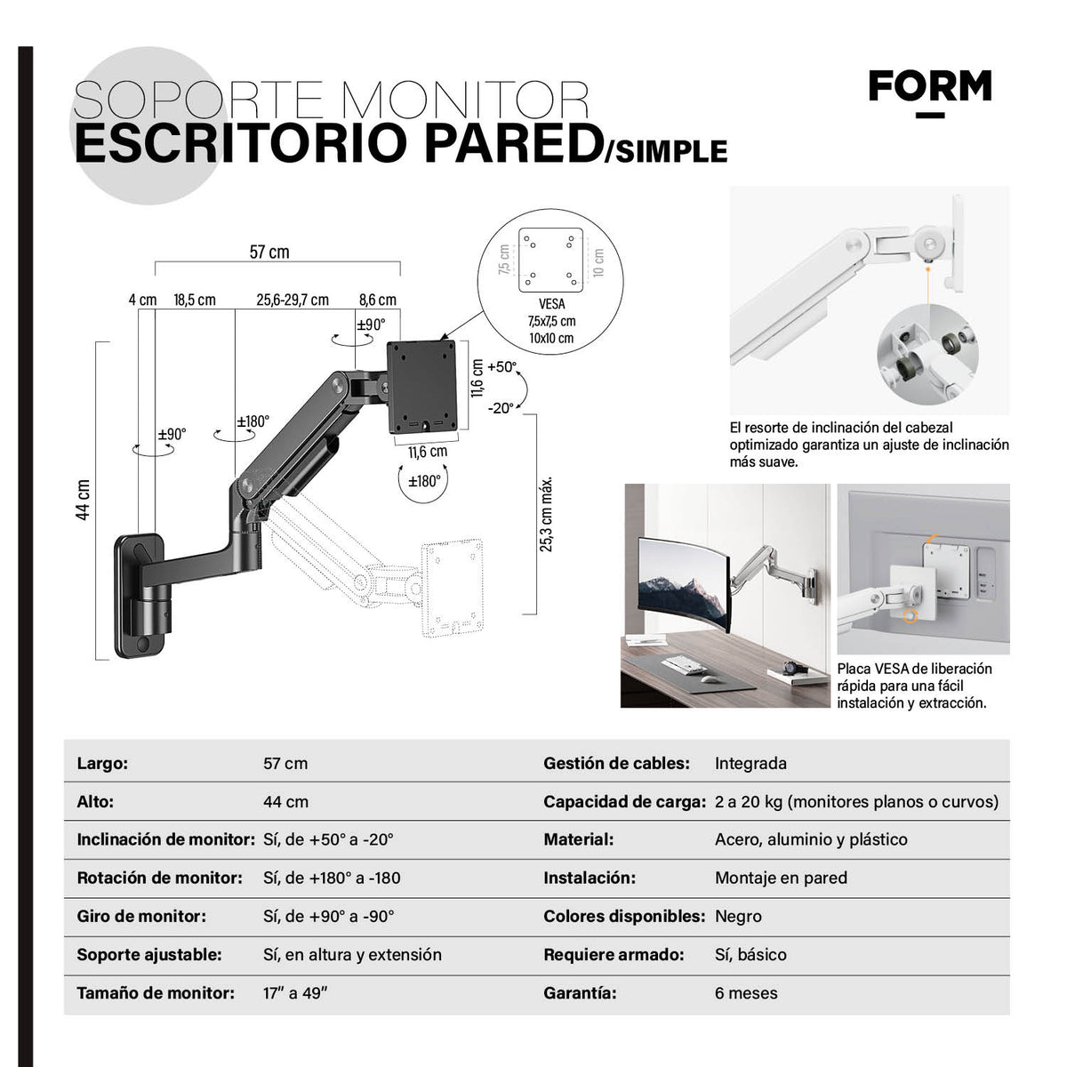 Soporte Monitor Pared Simple Negro