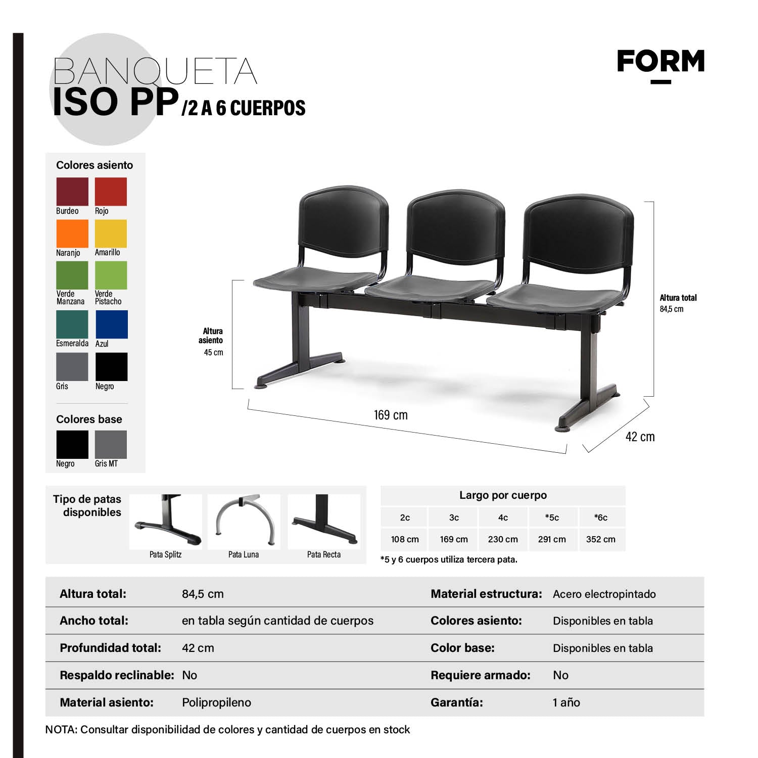 Banqueta Oficina Pata Recta ISO PP 4C Negro Base Negro