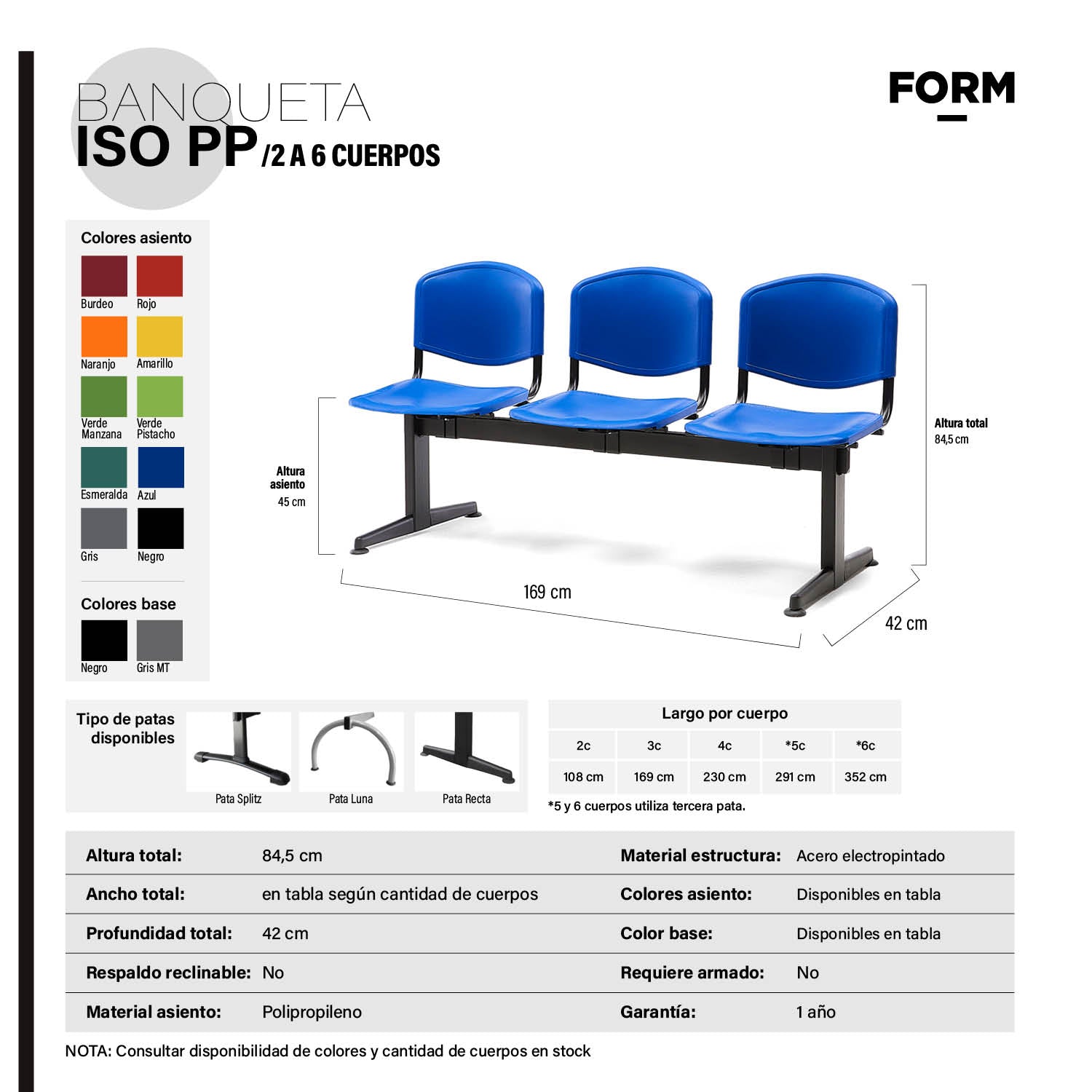 Banqueta Oficina Pata Recta ISO PP 4C Azul Base Negro