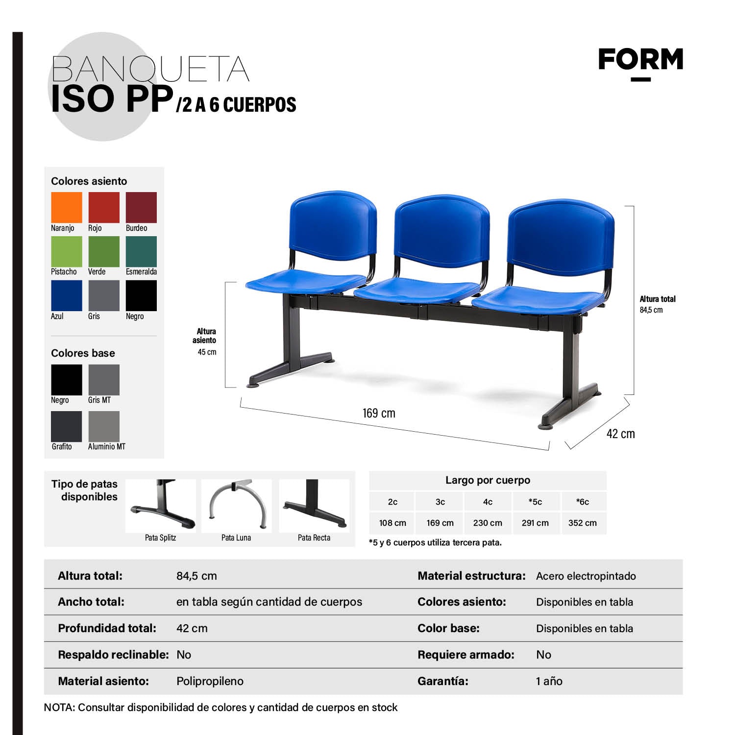 Banqueta Oficina Pata Recta ISO PP 5C Azul Base Negro