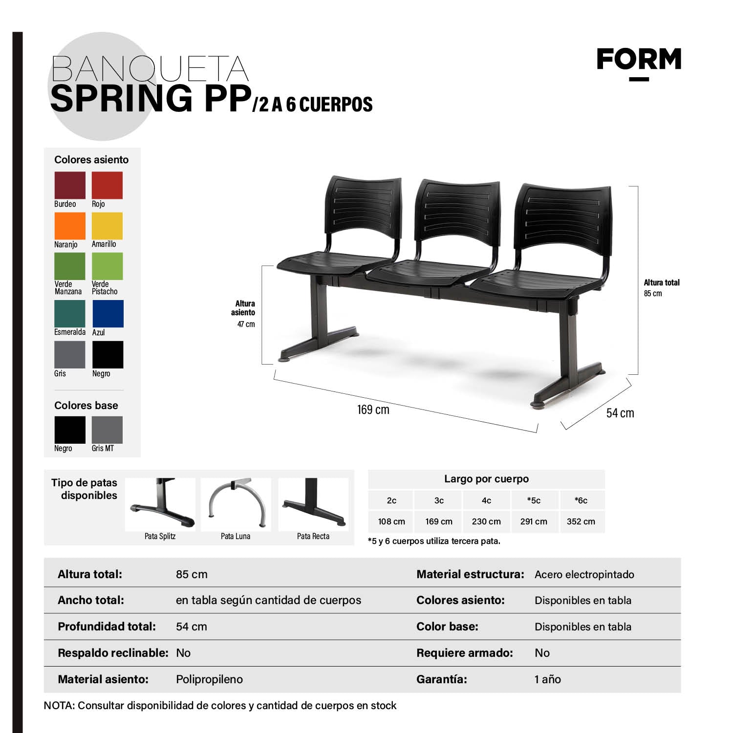 Banqueta Oficina Pata Recta Spring PP 5C Negro Base Negro