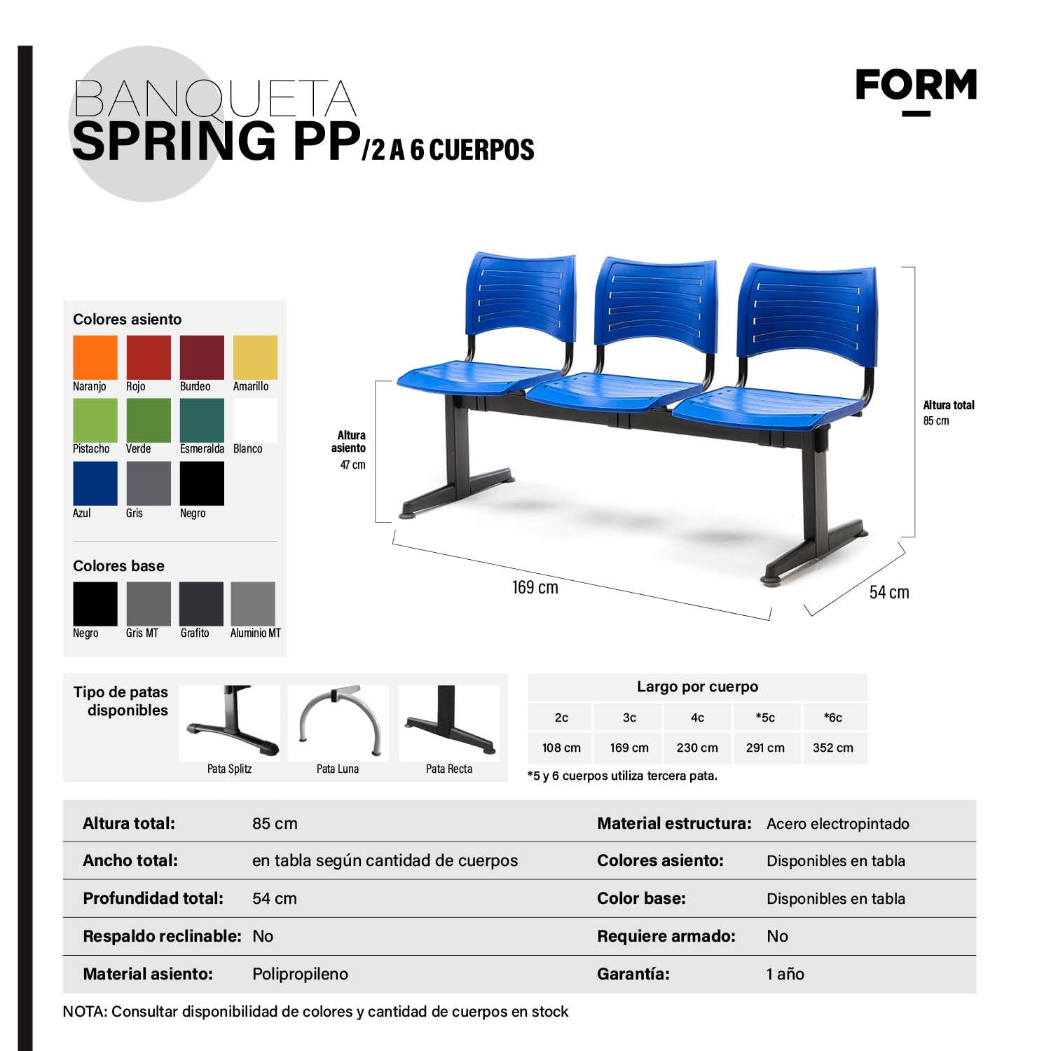 Banqueta Oficina Pata Recta Spring PP 5C Azul Base Negro