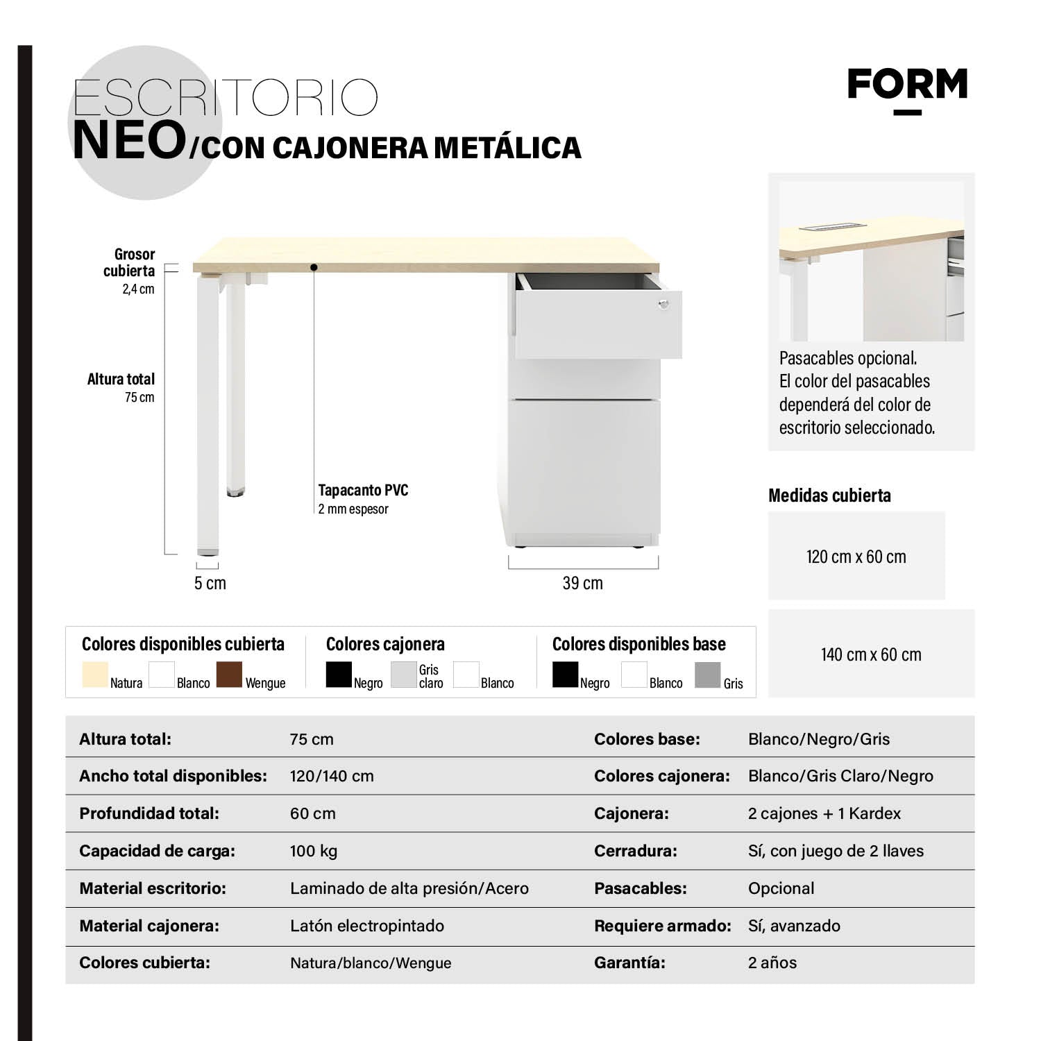 Escritorio Neo con pasacables 120x60 con cajonera metálica