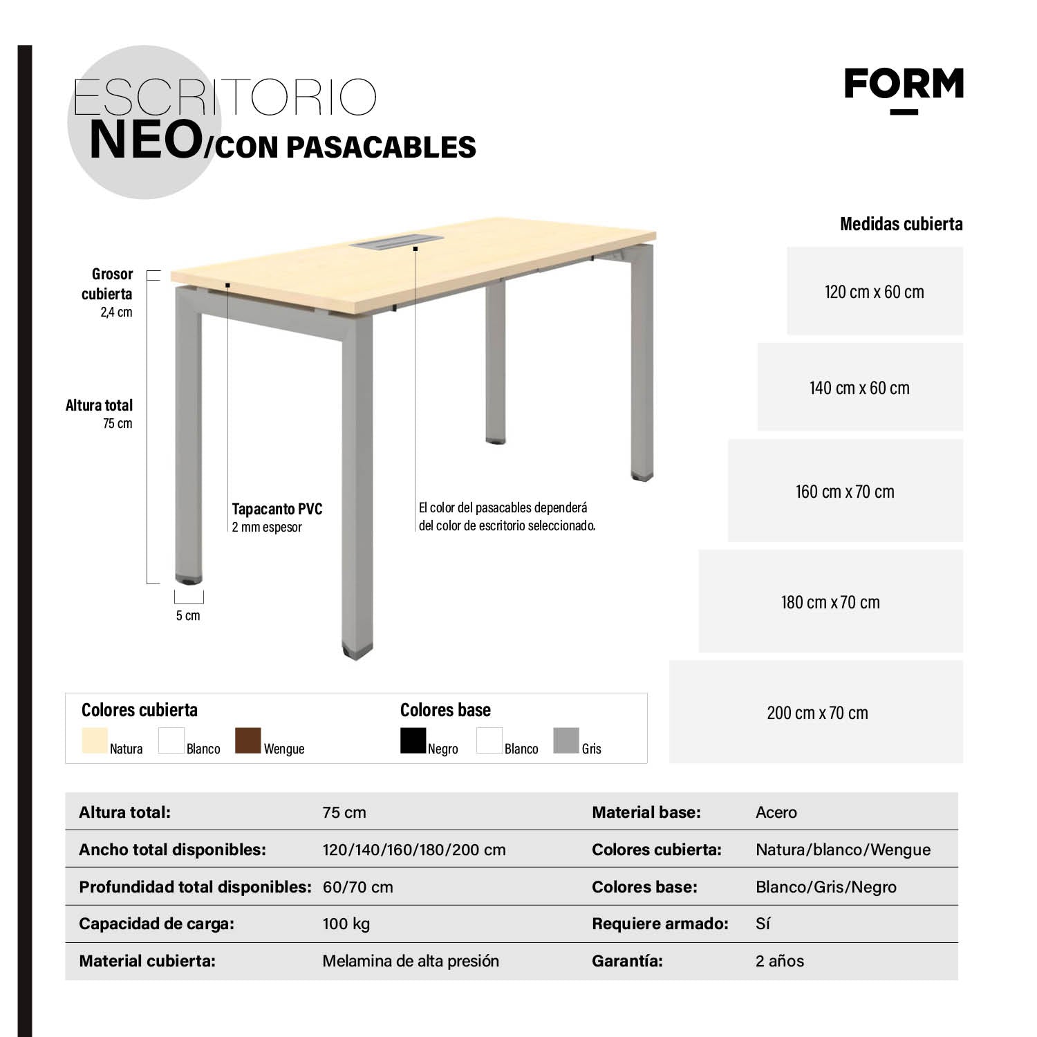 Escritorio Neo con pasacables 120x60