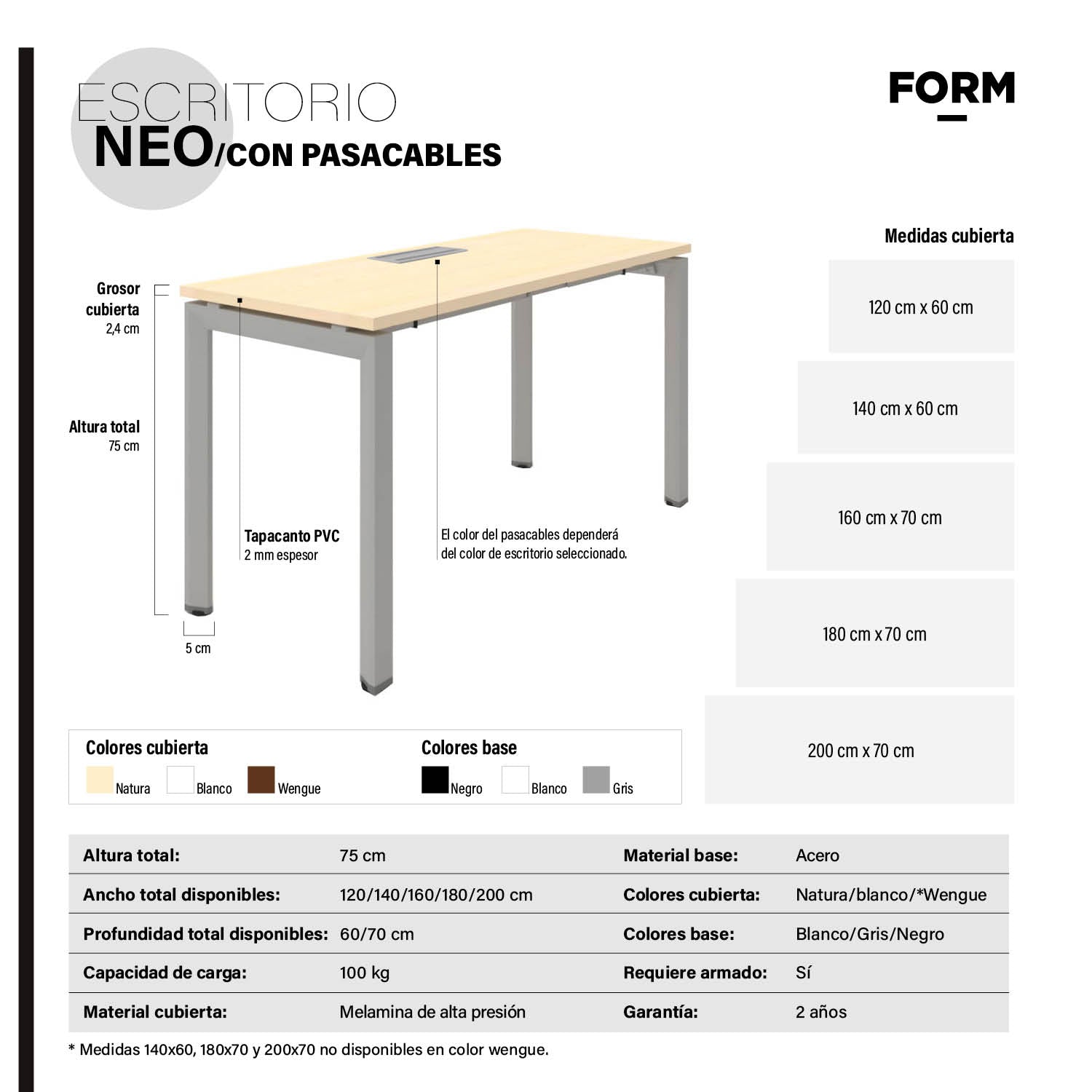 Escritorio Neo con pasacables 120x60