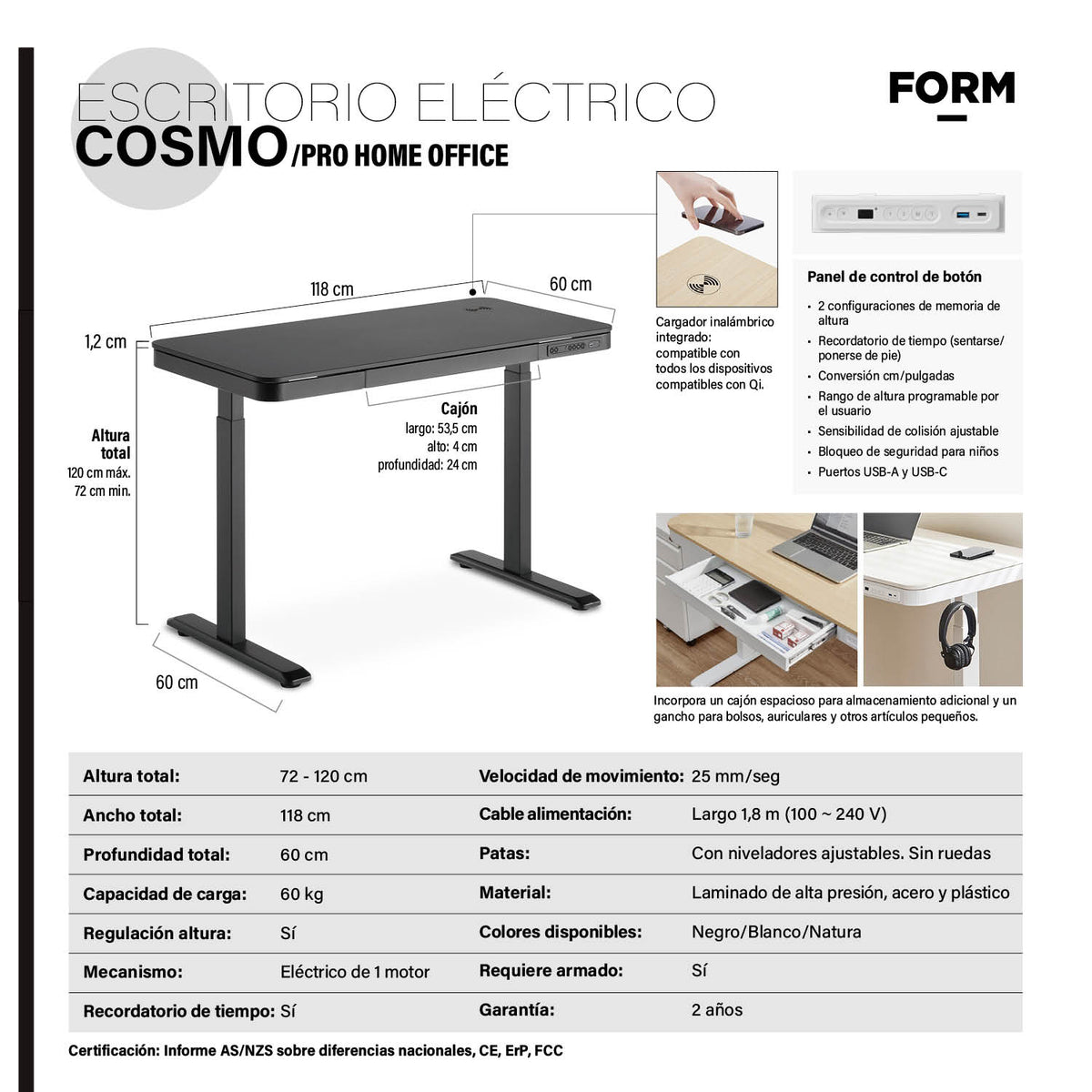 Escritorio Home Office Cosmo Eléctrico Pro Negro 118x60