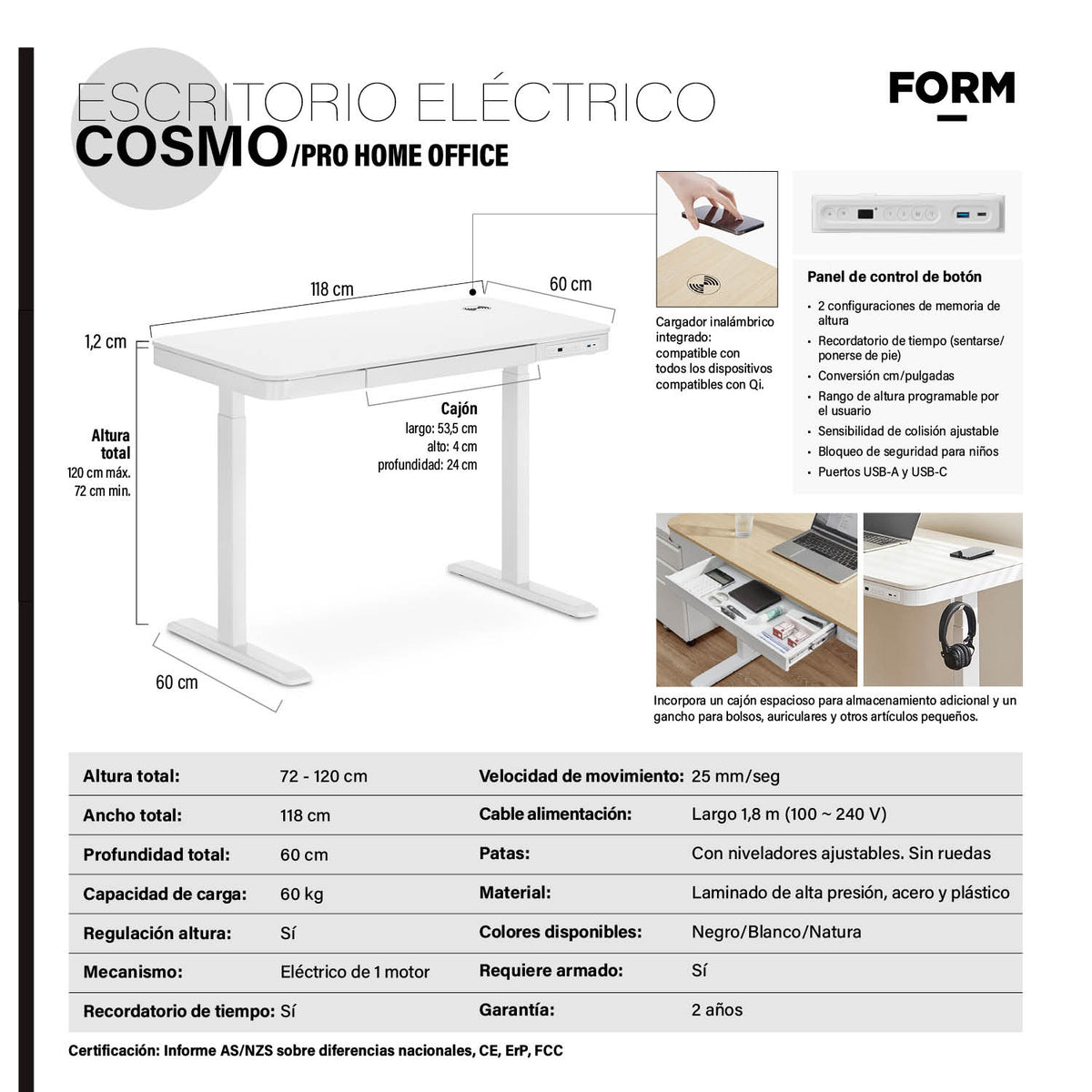 Escritorio Home Office Cosmo Eléctrico Pro Blanco 118x60