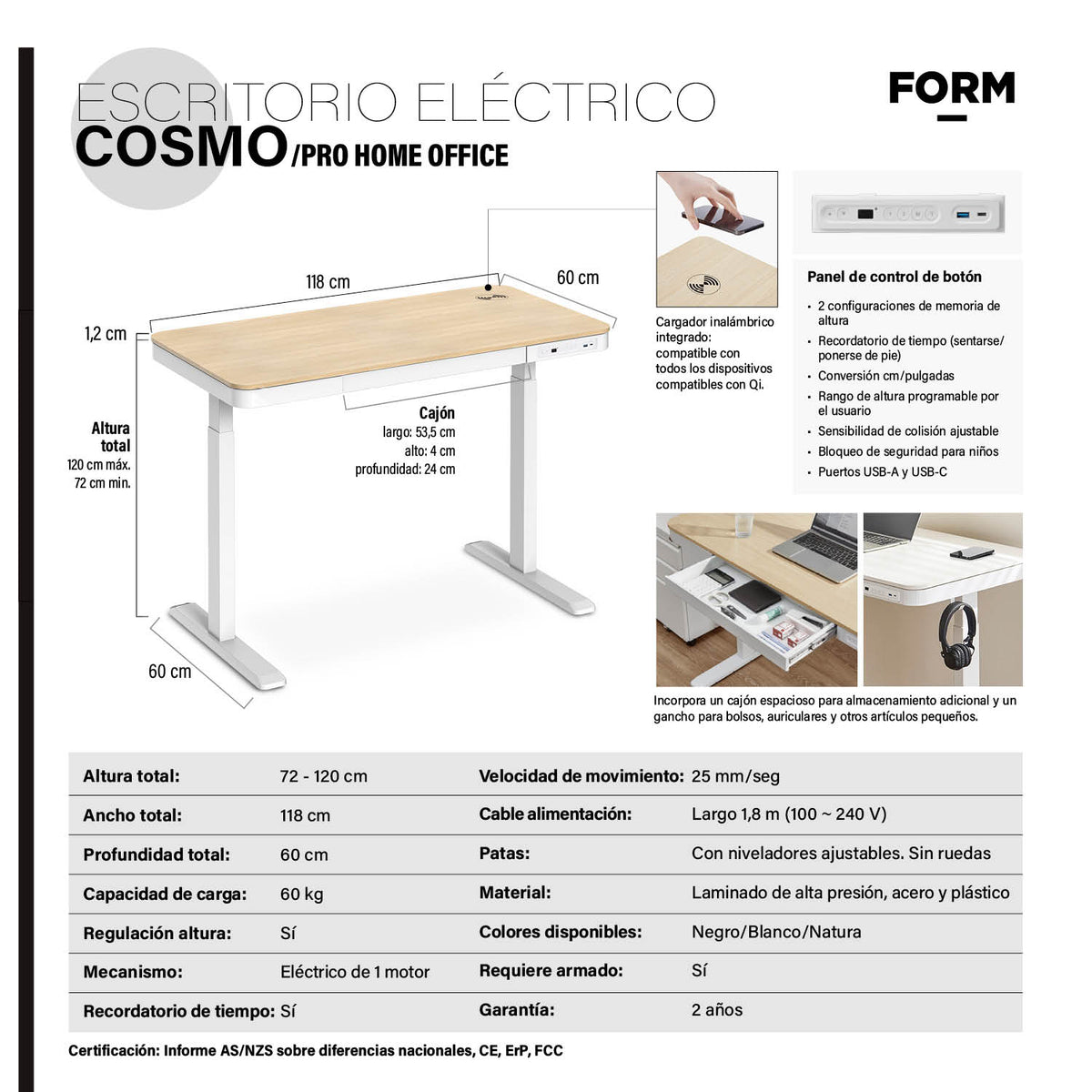 Escritorio Home Office Cosmo Eléctrico Pro Natura/Blanco 118x60