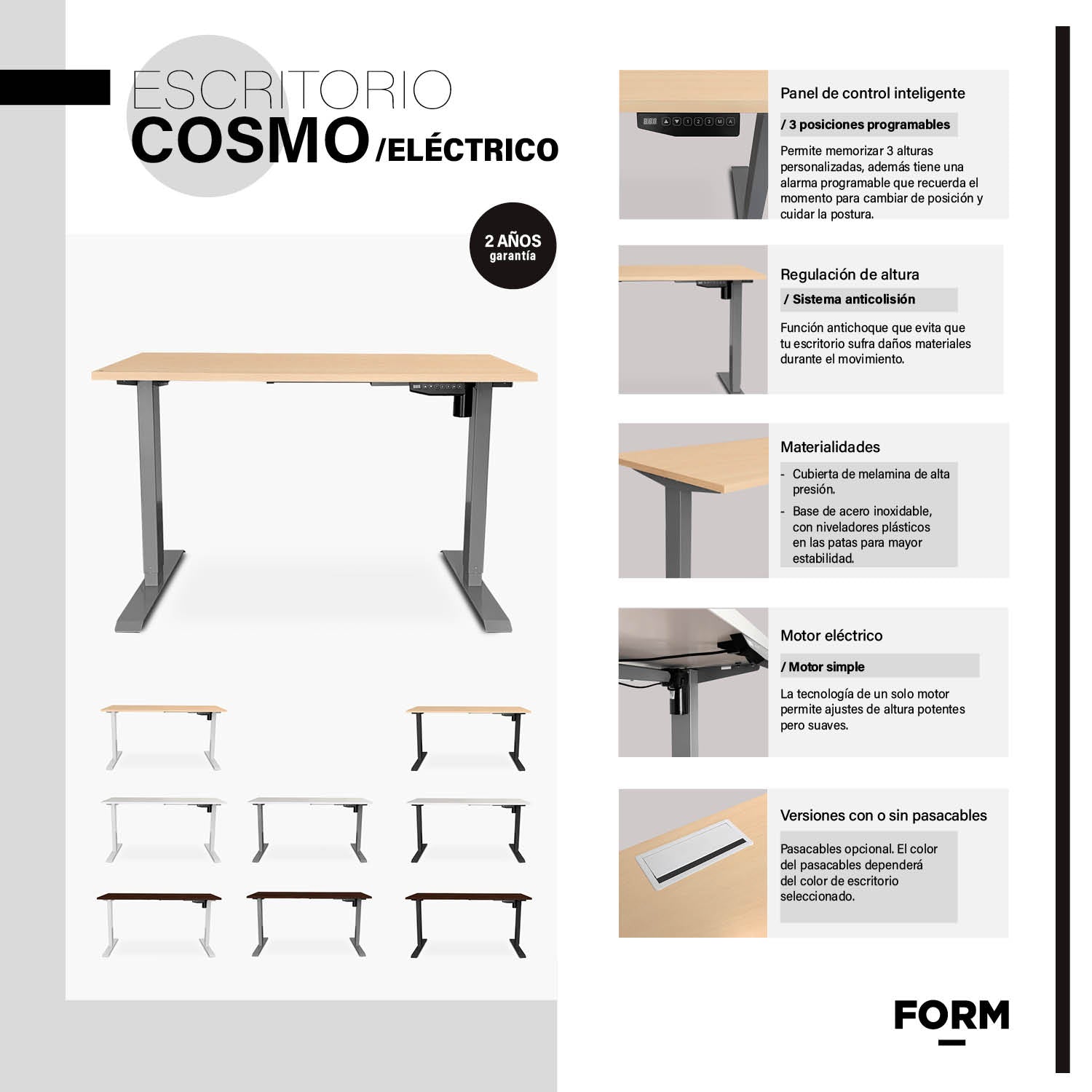 Escritorio Cosmo Eléctrico con Pasacables 160x70