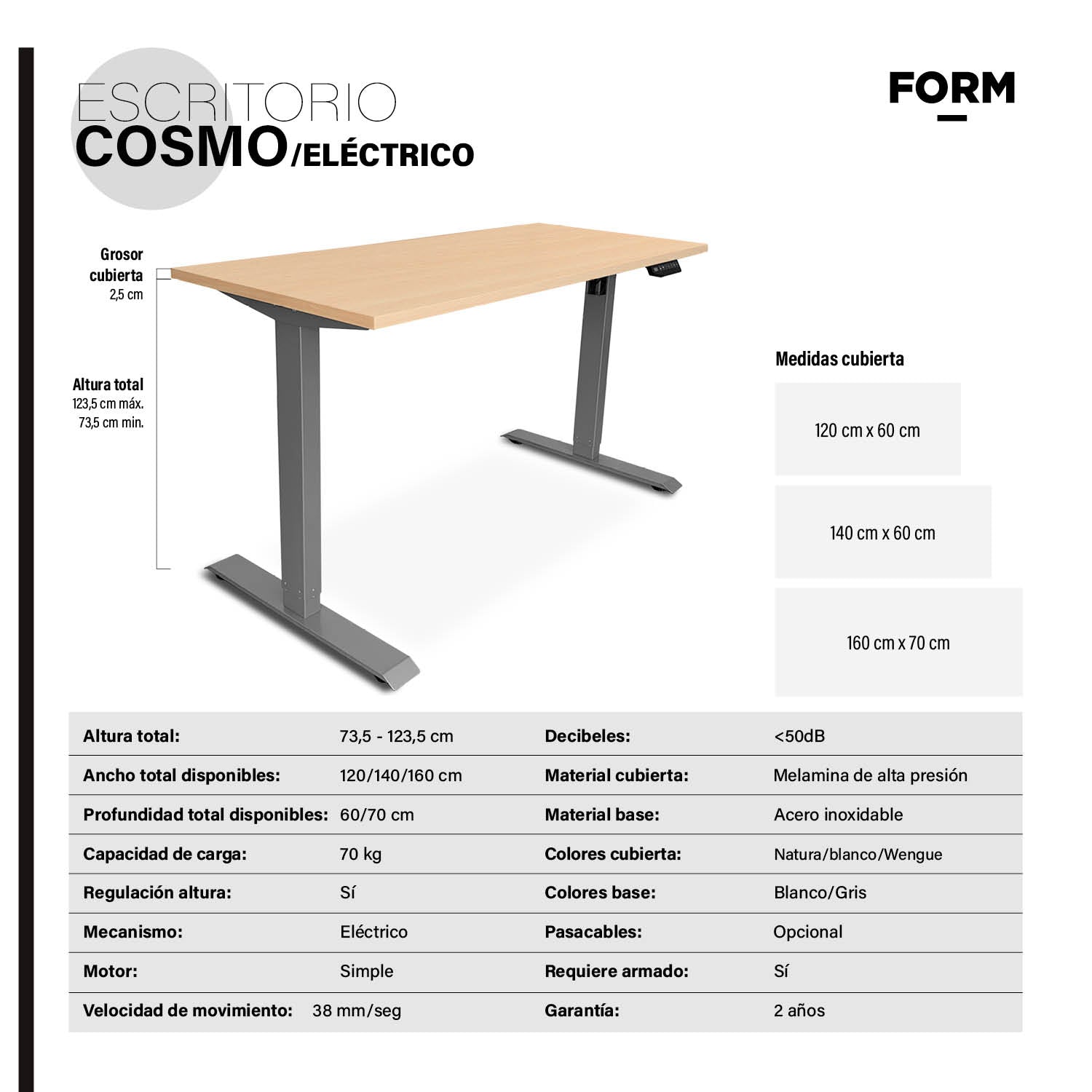 Escritorio Cosmo Eléctrico con Pasacables 120x60