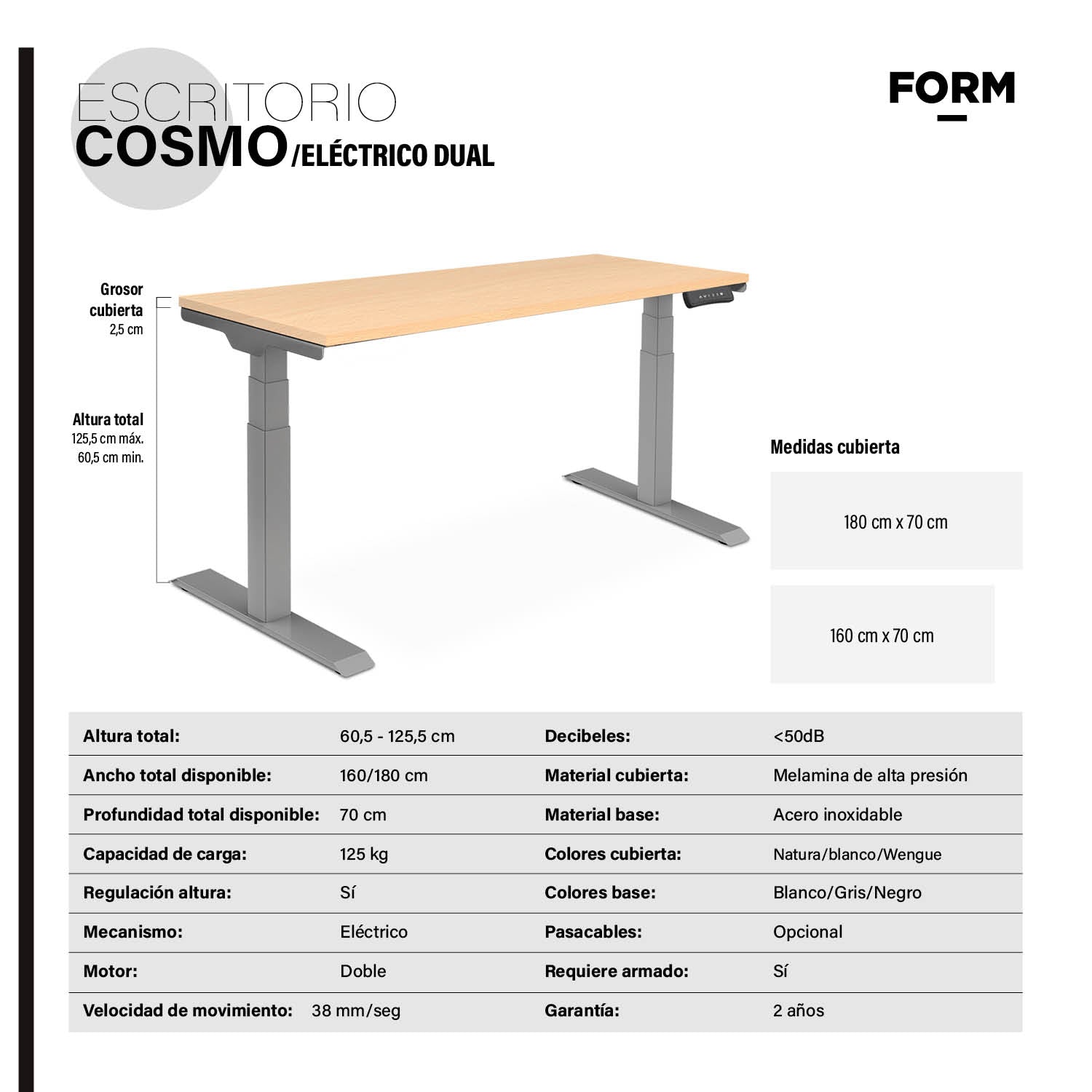 Escritorio Cosmo Eléctrico Dual con Pasacables 180x70