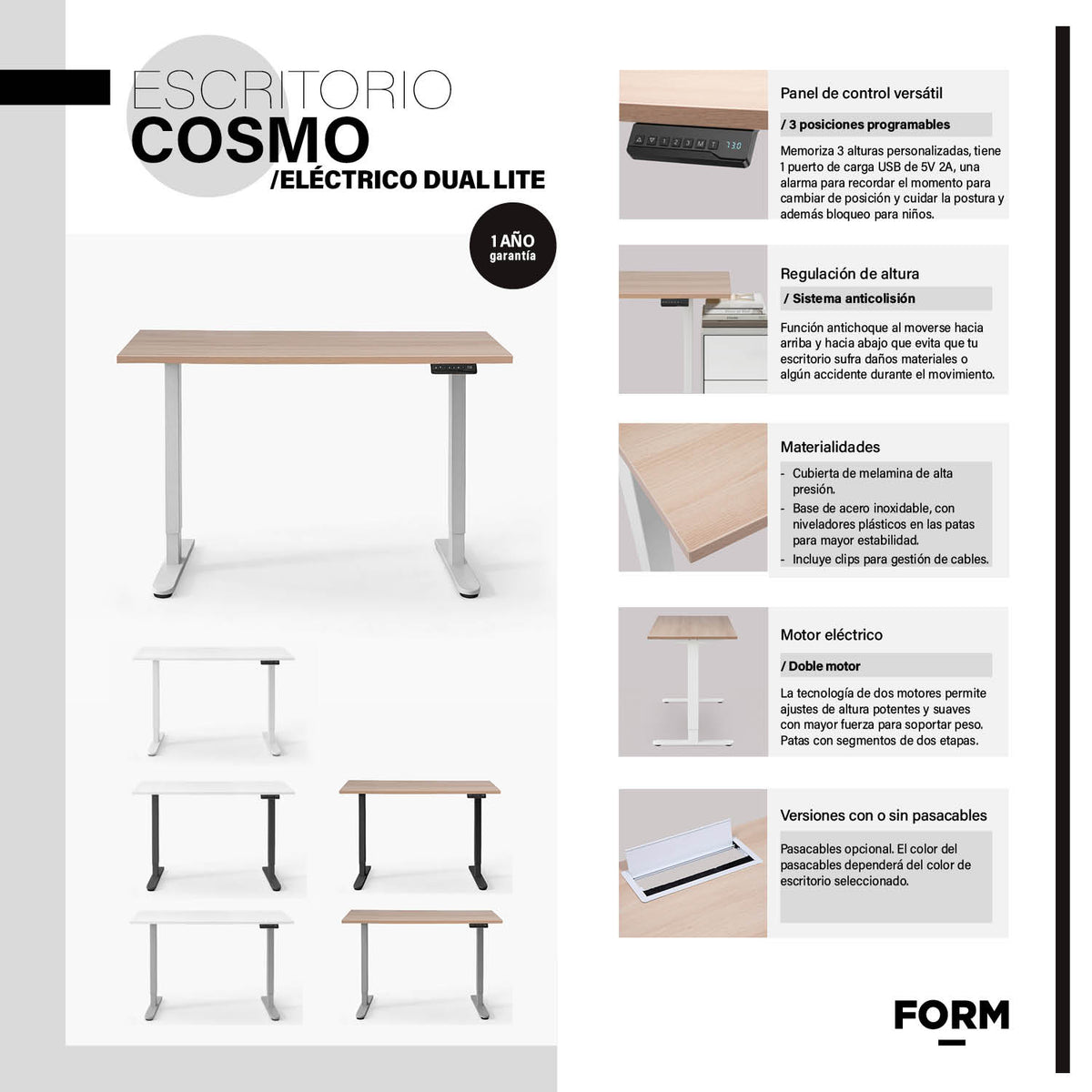 Escritorio Cosmo 140x60 Eléctrico Dual Lite Natura/Gris