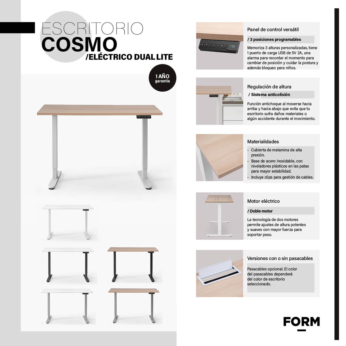 Escritorio Cosmo 140x60 Eléctrico Dual Lite con pasacables Blanco/Gris