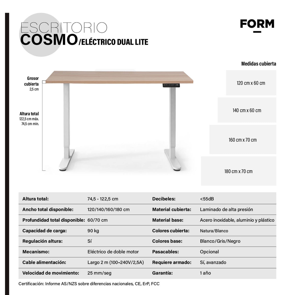 Escritorio Cosmo 180x70 Eléctrico Dual Lite Blanco/Negro