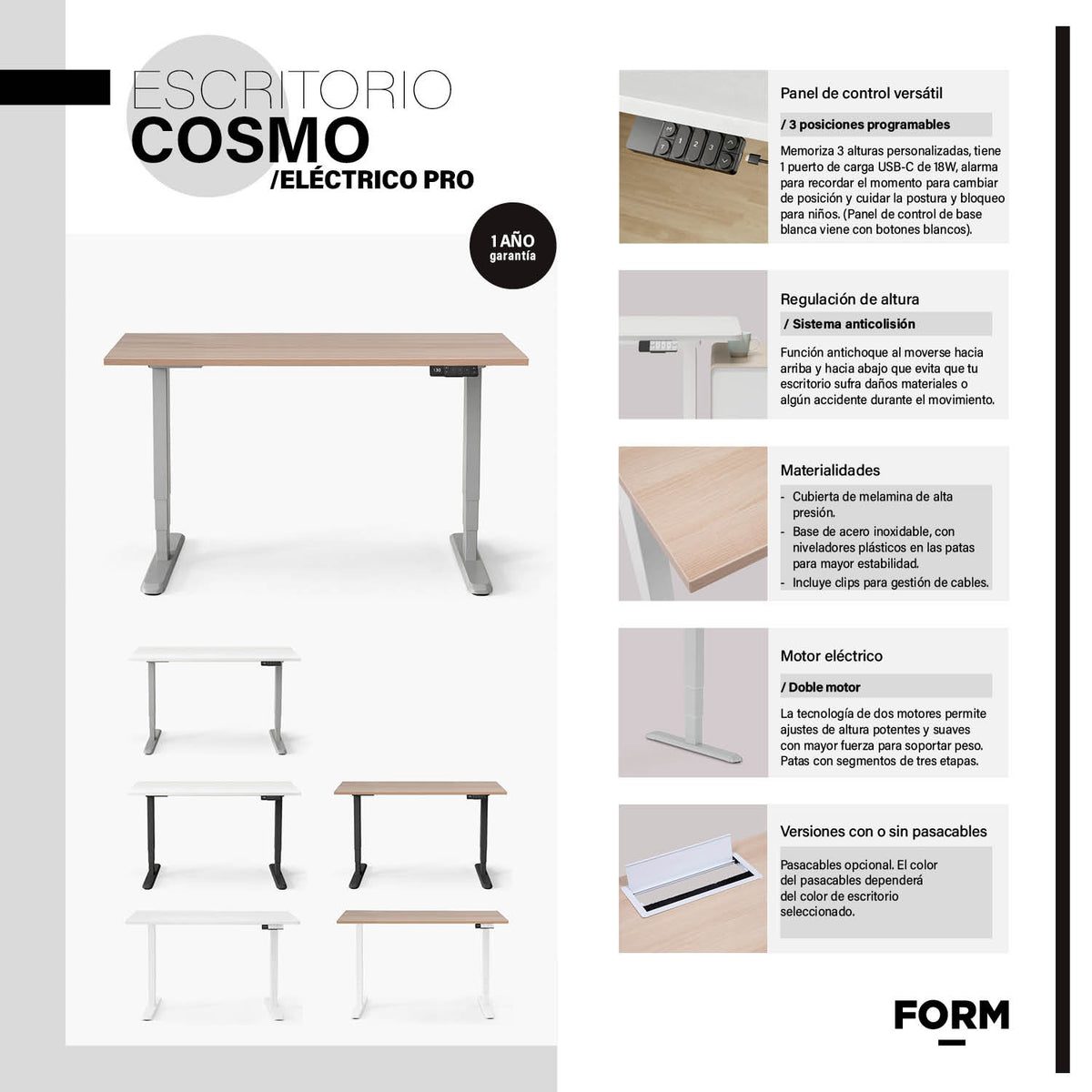 Escritorio Cosmo 180x70 Eléctrico Dual Pro Natura/Negro