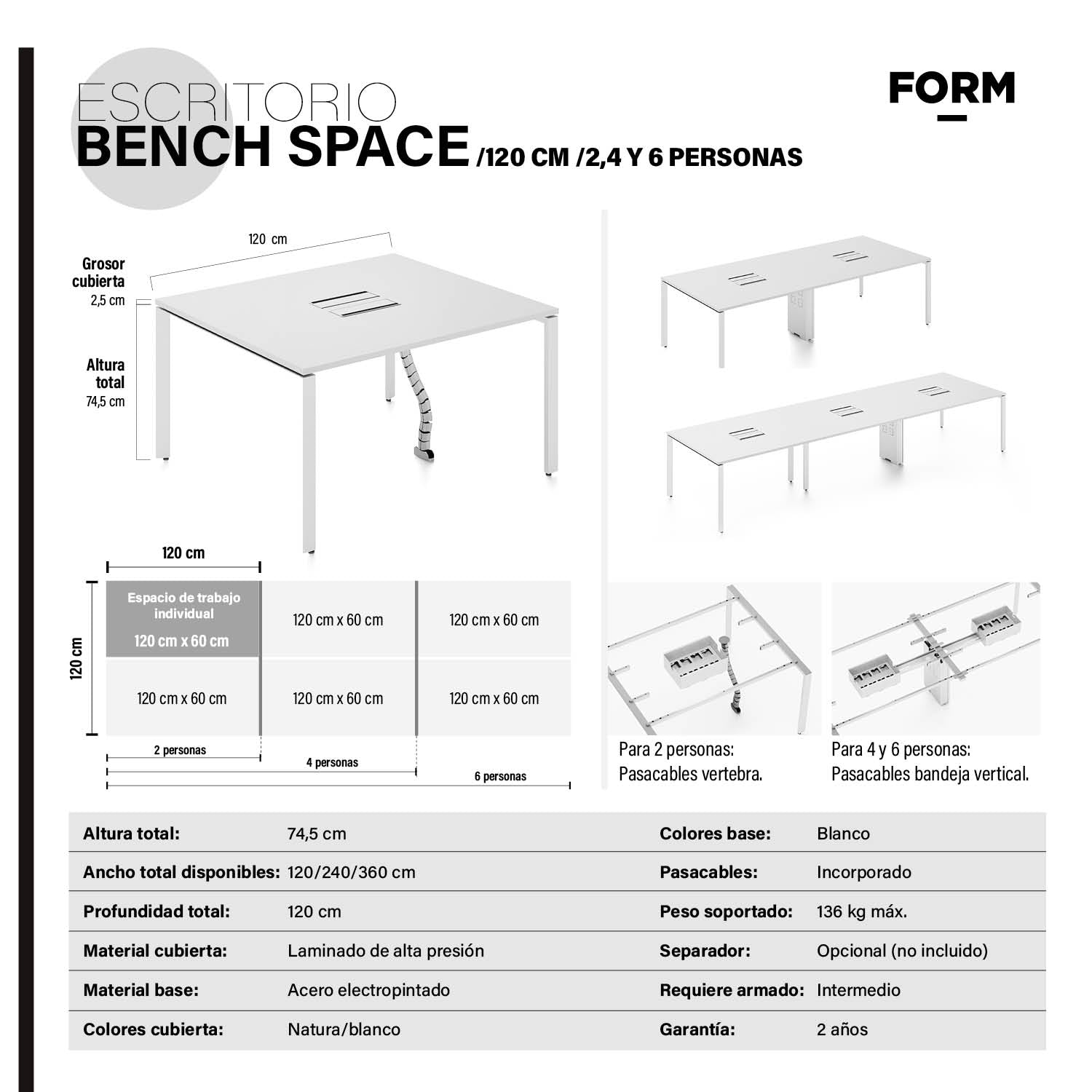 Escritorio Space con pasacables 120 Bench Blanco/Blanco 4 pers