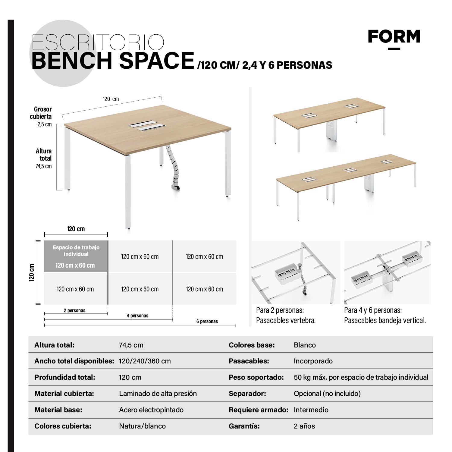 Escritorio Space con pasacables 120 Bench Natura/Blanco 6 pers