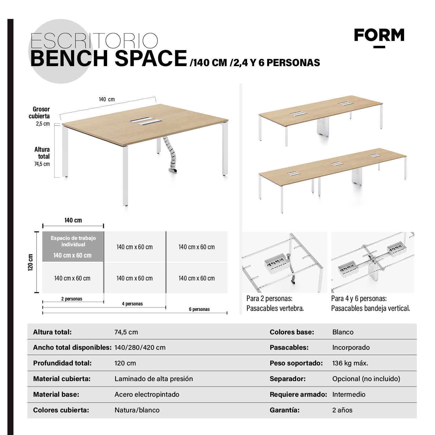 Escritorio Space con pasacables 140 Bench Natura/Blanco 2 pers