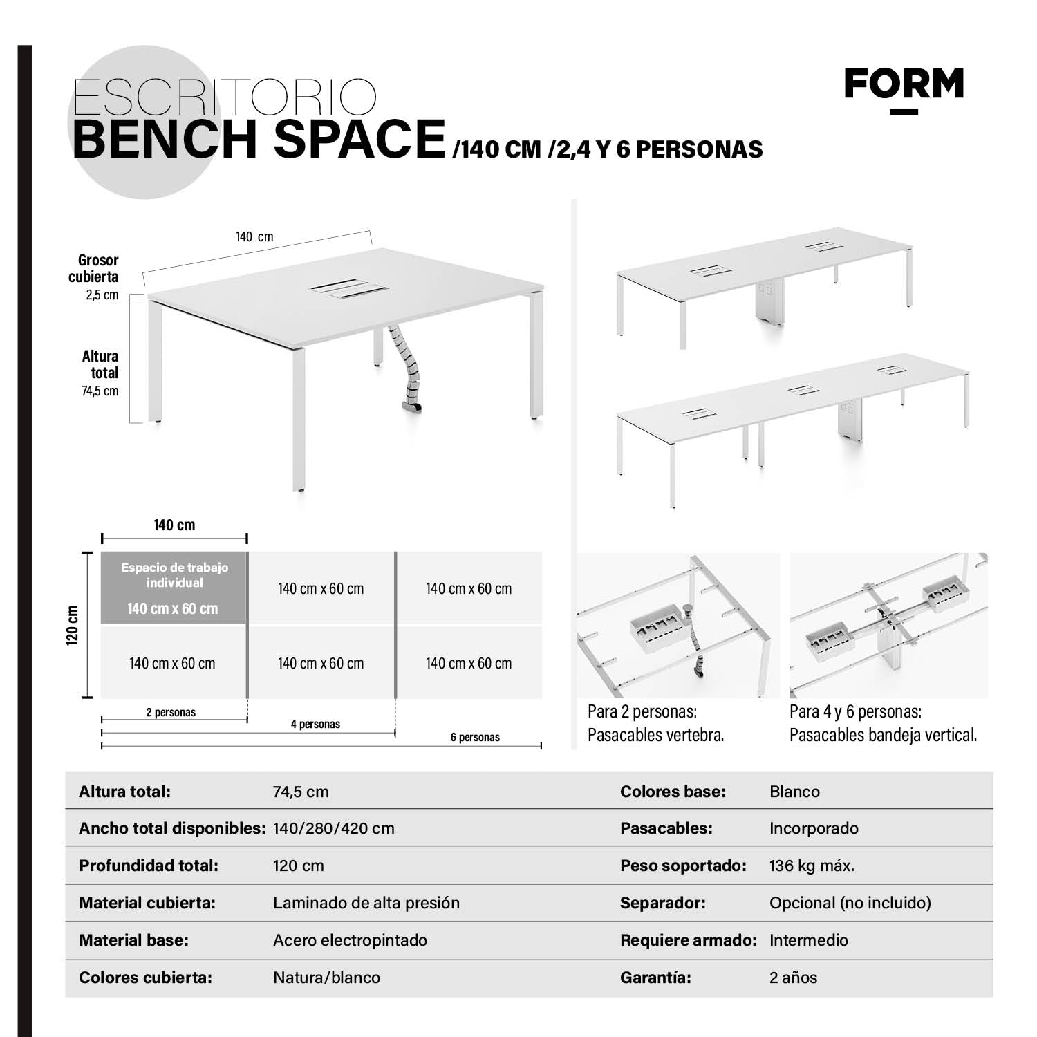 Escritorio Space con pasacables 140 Bench Blanco/Blanco 4 pers