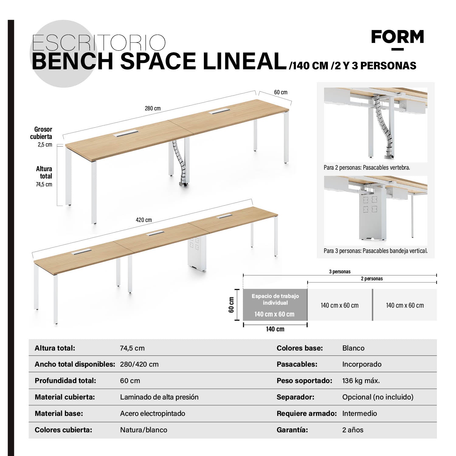 Escritorio Space con pasacables 140 Bench Lineal Natura/Blanco 3 pers