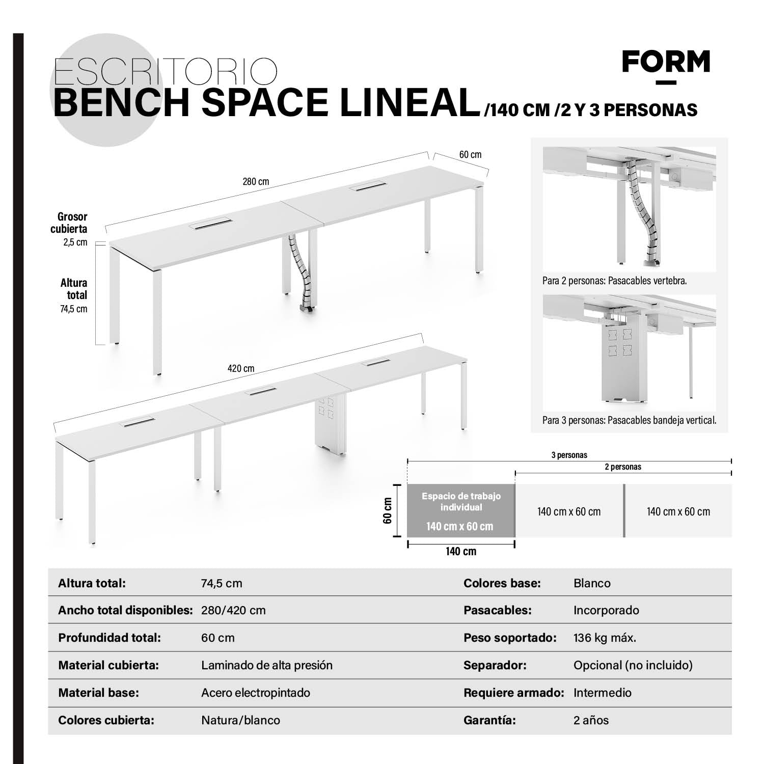 Escritorio Space con pasacables 140 Bench Lineal Blanco/Blanco 3 pers