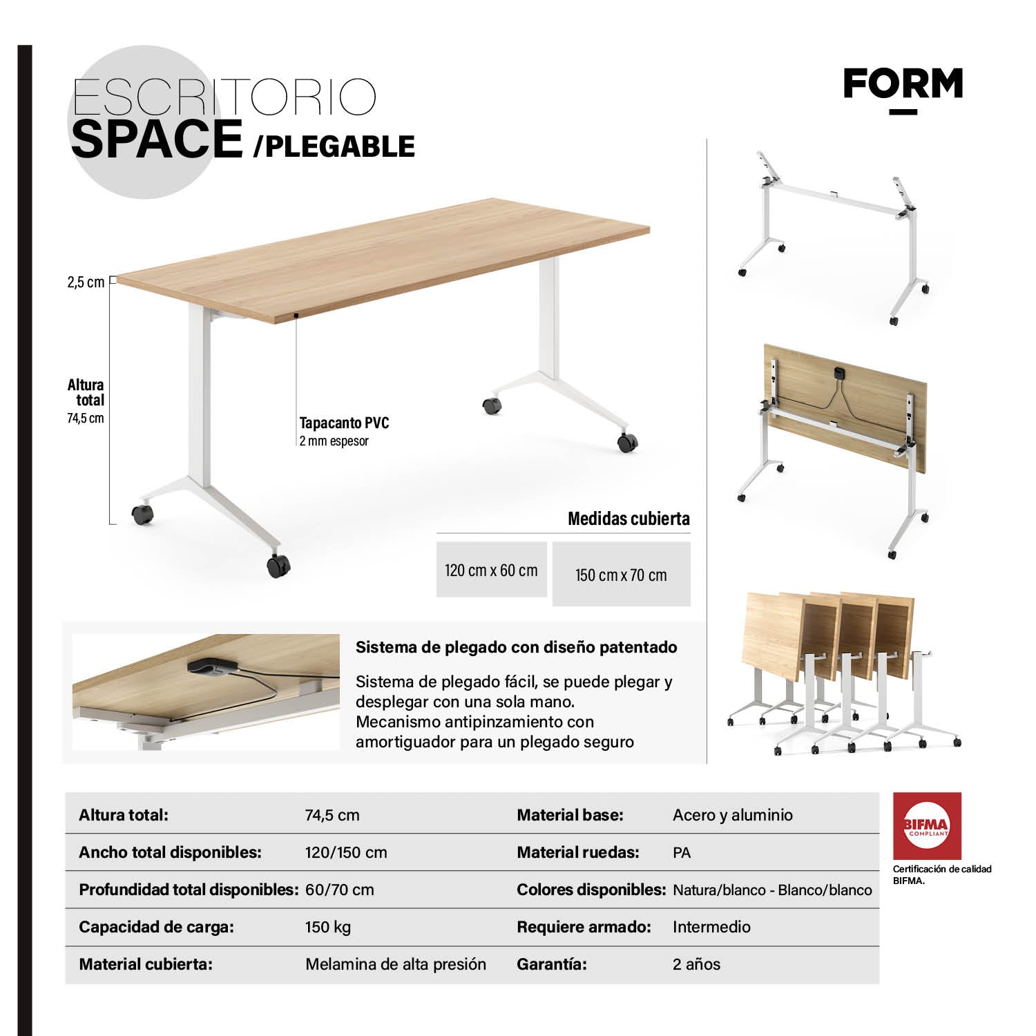 Escritorio Space Plegable 120x60 Natura/Blanco