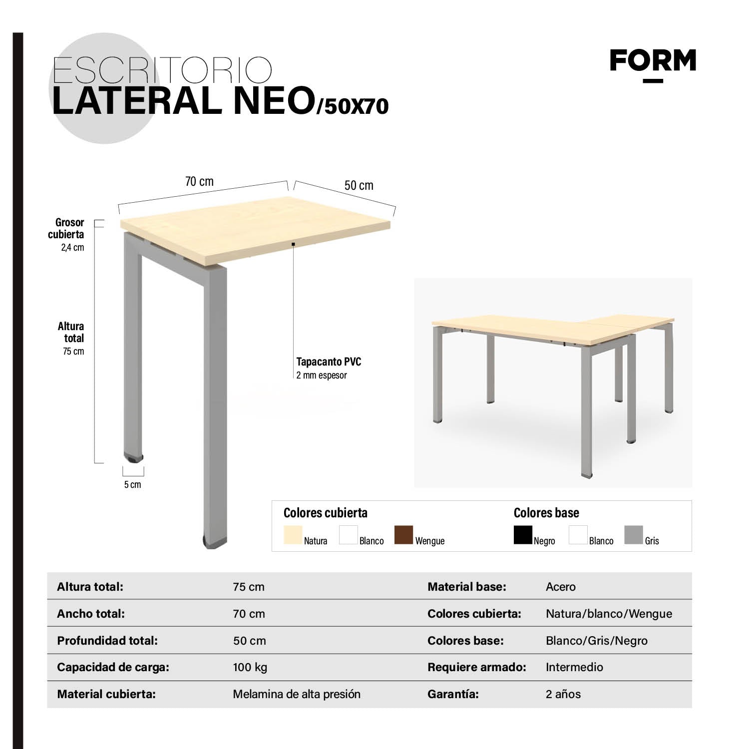 Escritorio Lateral Neo 50x70