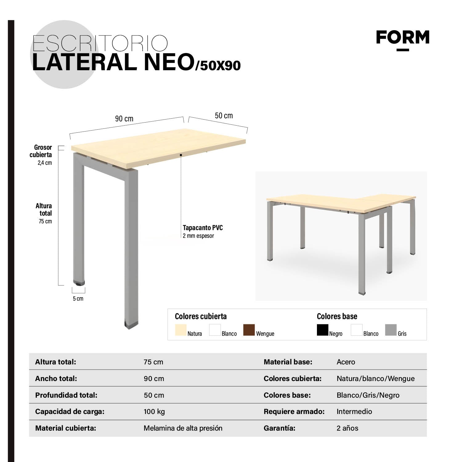 Escritorio Lateral Neo 50x90