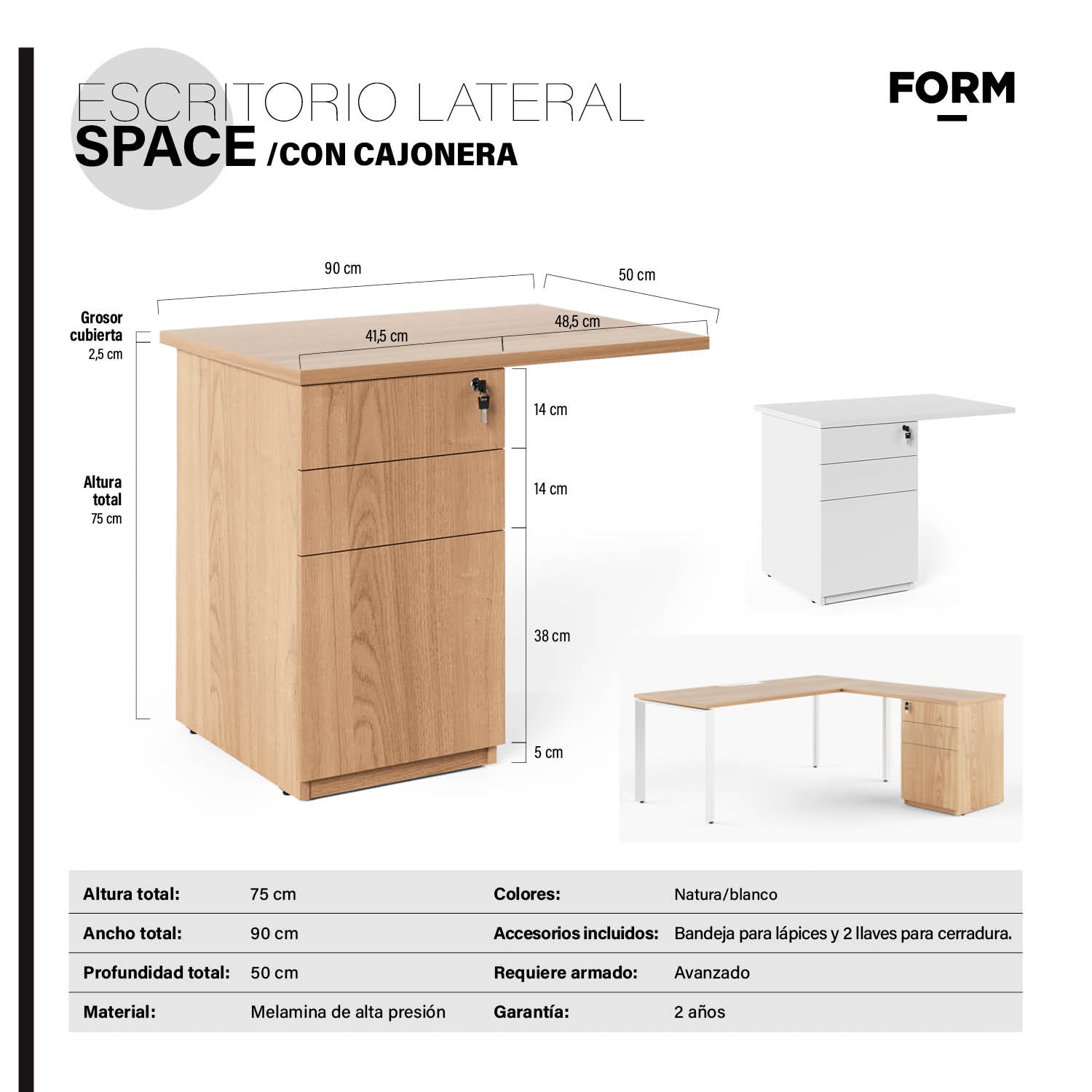 Lateral c/cajonera para Escritorio Space 50x90 Natura/Blanco