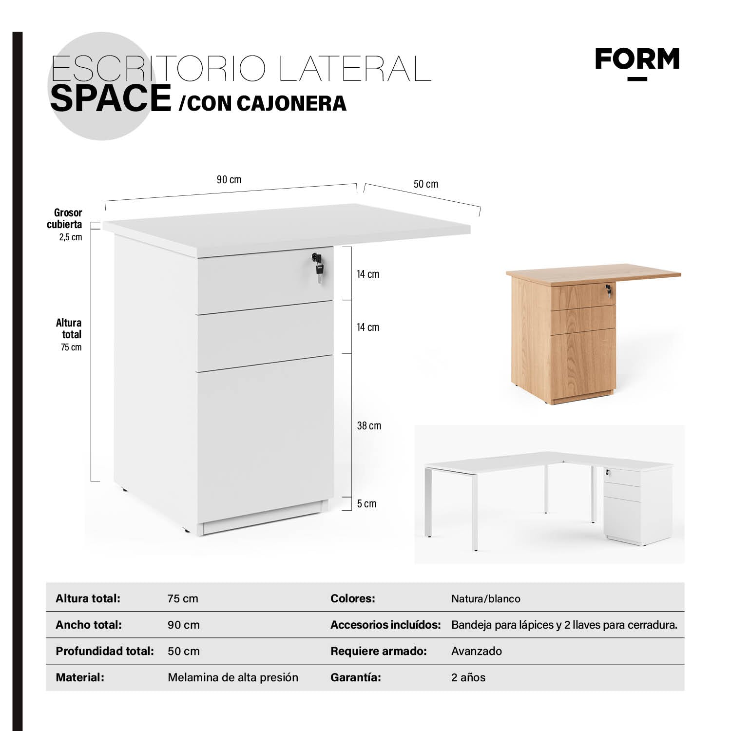 Lateral c/cajonera para Escritorio Space 50x90 Blanco