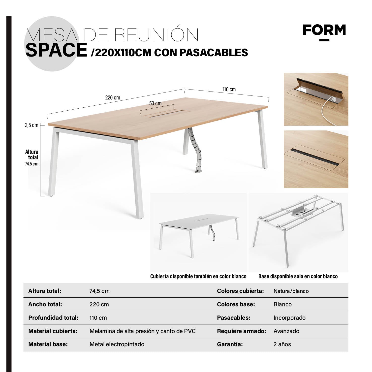 Mesa de Reunión Space con pasacables 220x110 Natura/Blanco