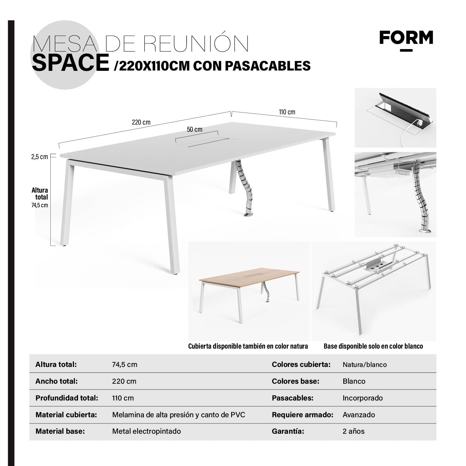 Mesa de Reunión Space con pasacables 220x110 Blanco