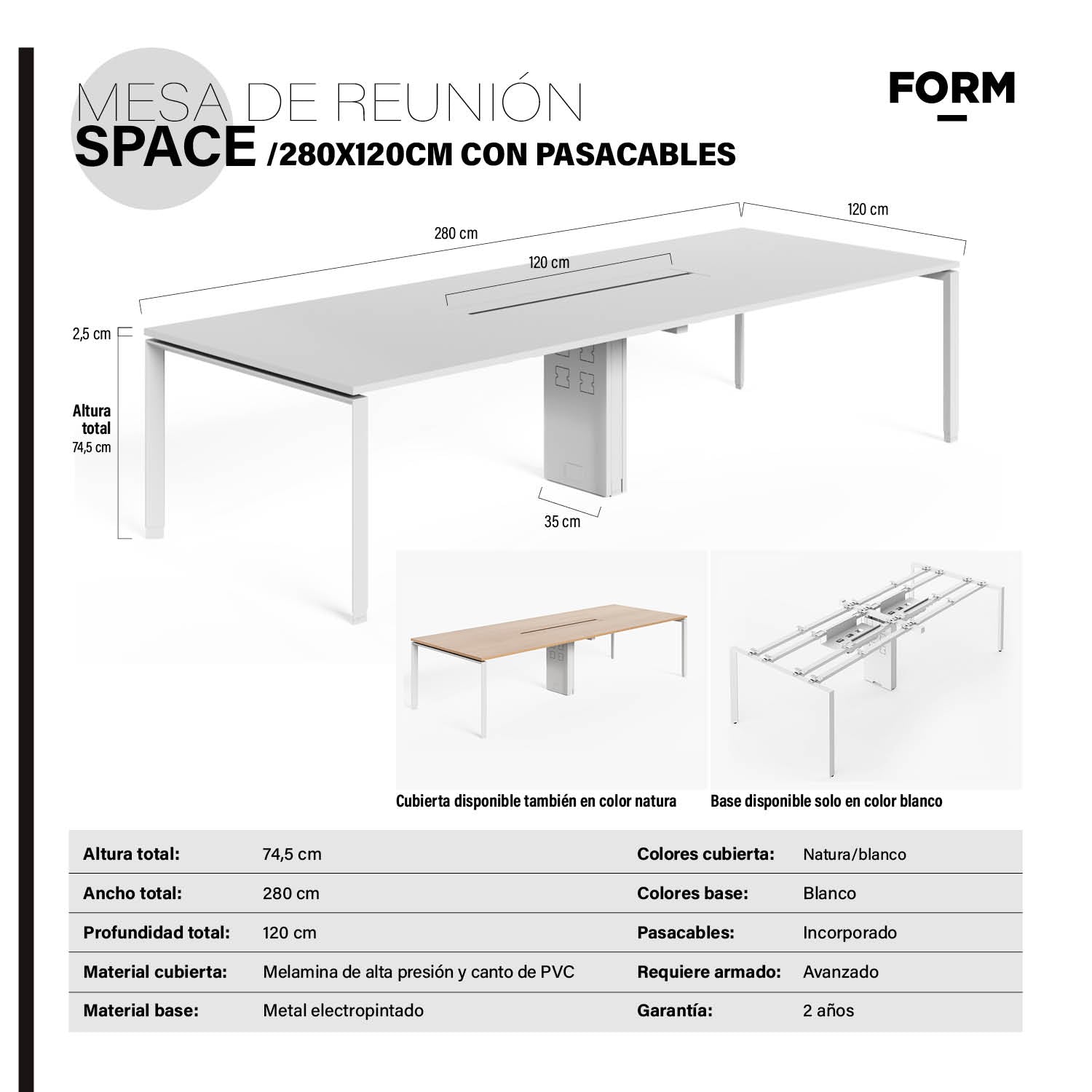 Mesa de Reunión Space con pasacables 280x120 Blanco