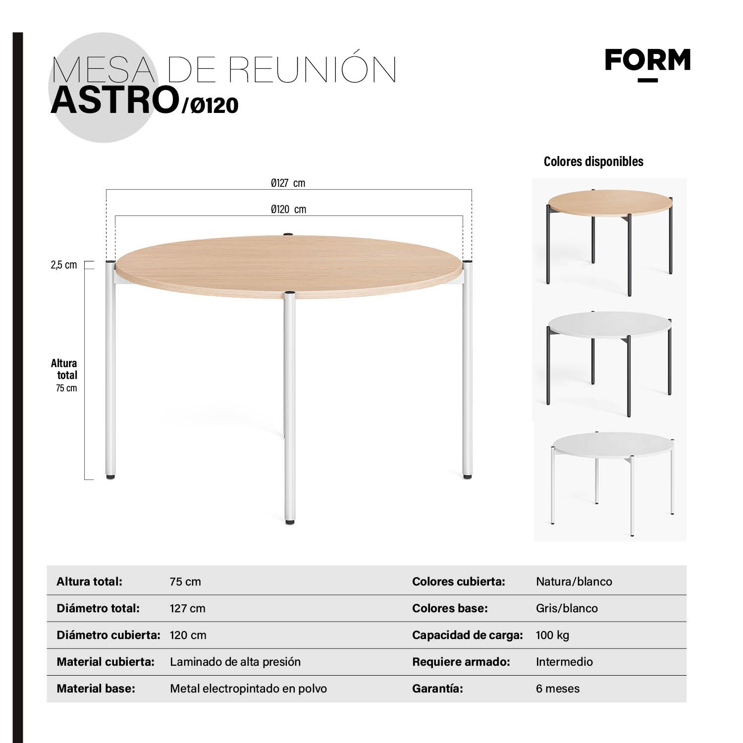 Mesa Oficina Reunión Astro 120D Natura/Blanco