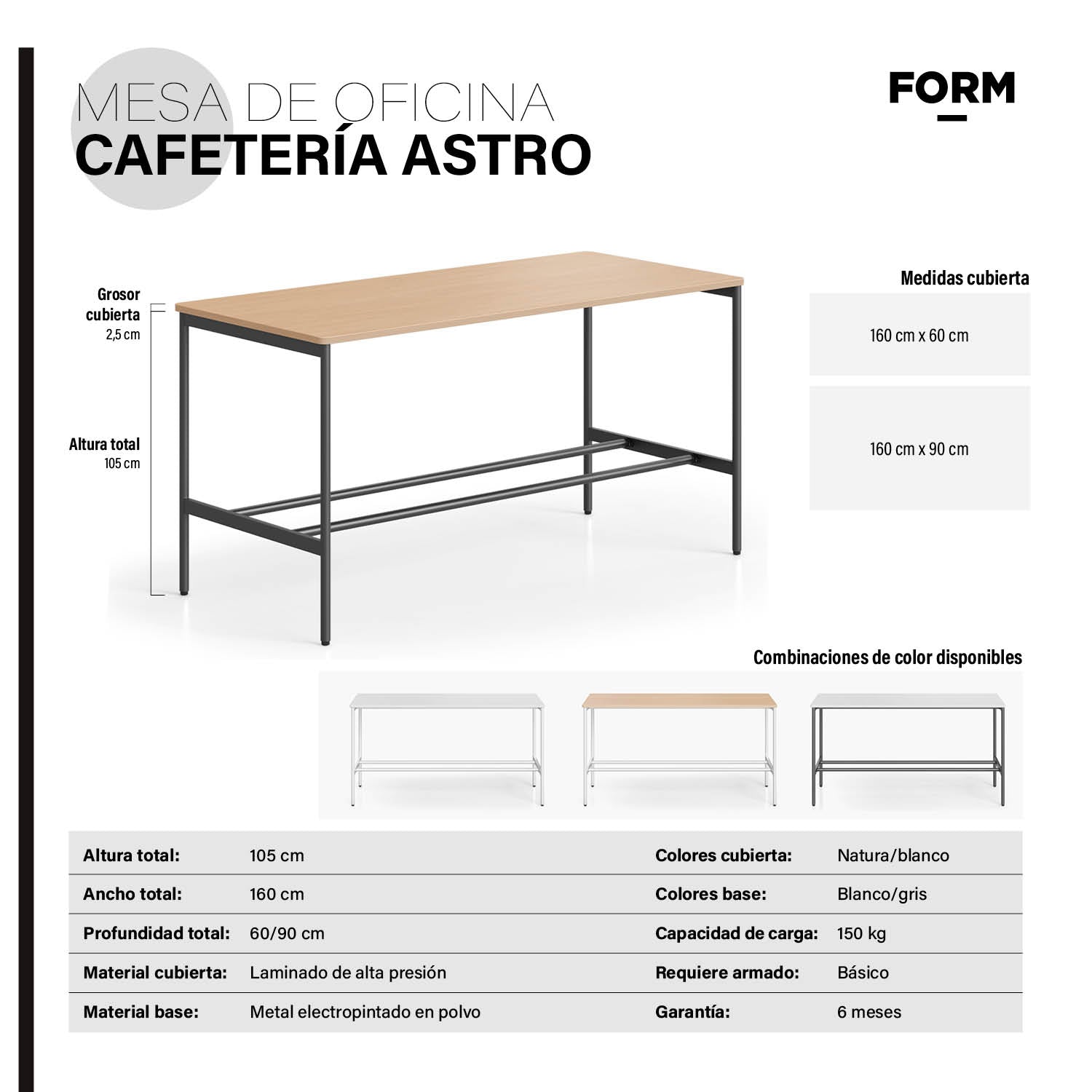 Mesa Oficina Cafetería Astro 160x90 Natura/Blanco