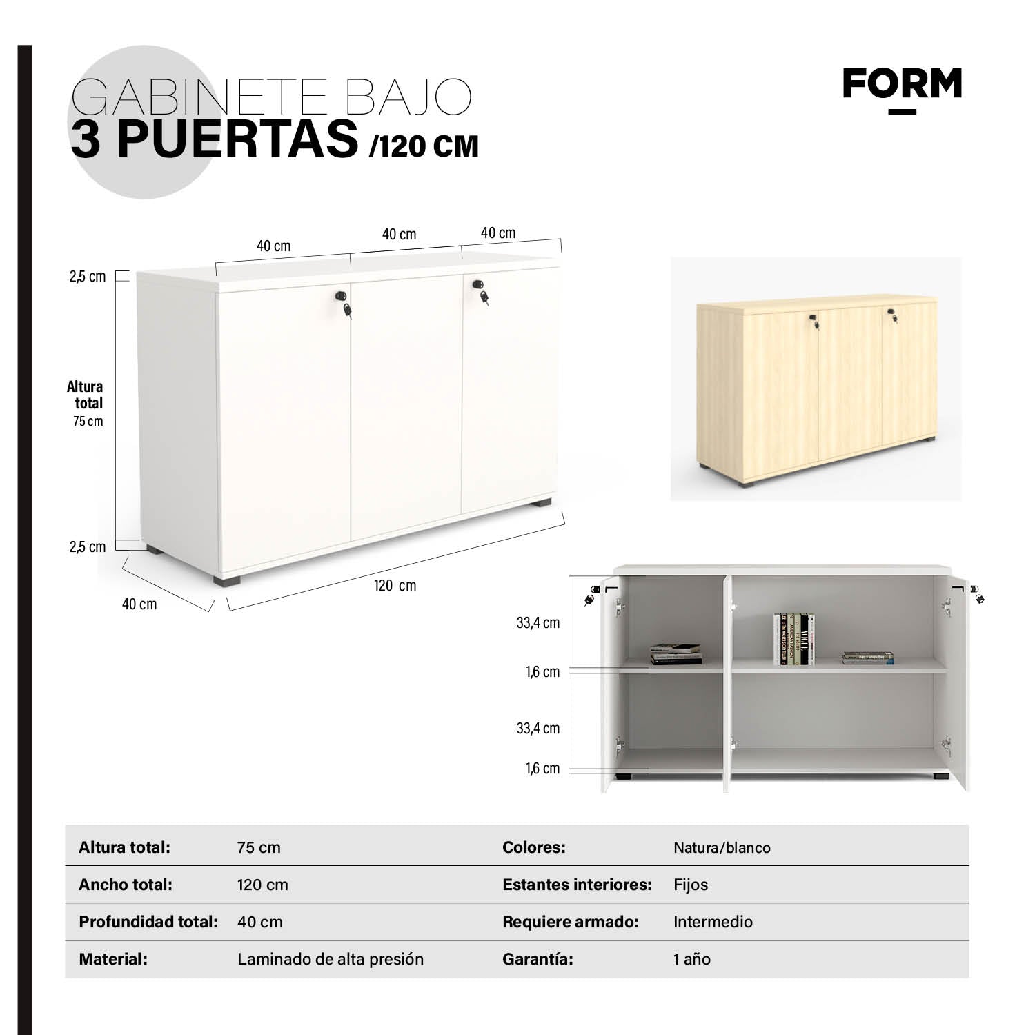 Gabinete Bajo 3 Puertas 120 Blanco