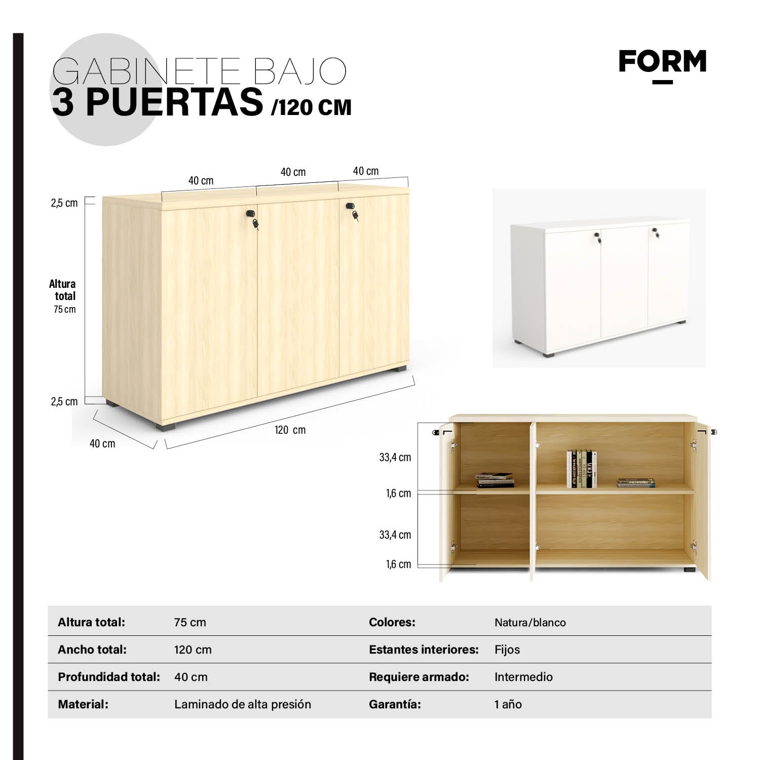 Gabinete Bajo 3 Puertas 120 Natura