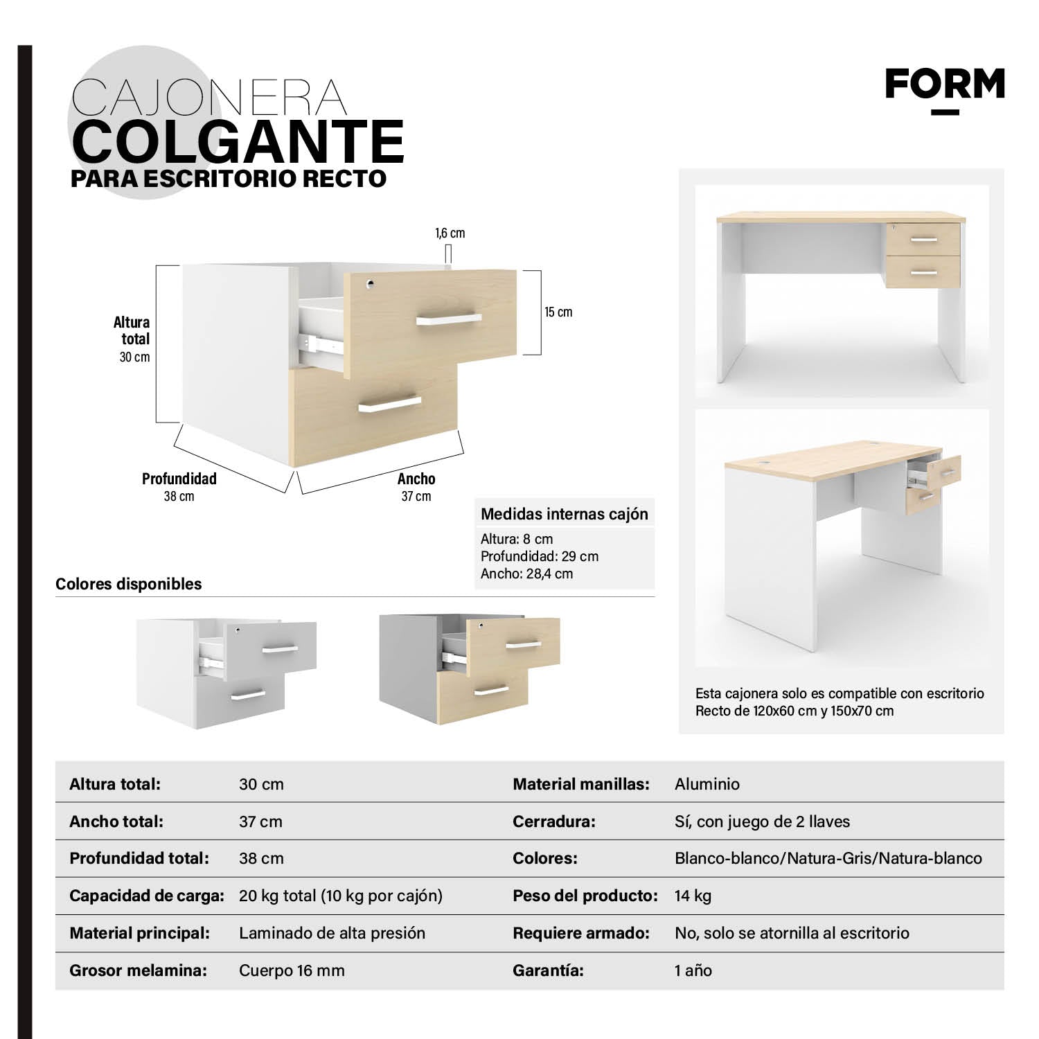 Cajonera Melamina Colgante Natura/Blanco para Escritorio Recto